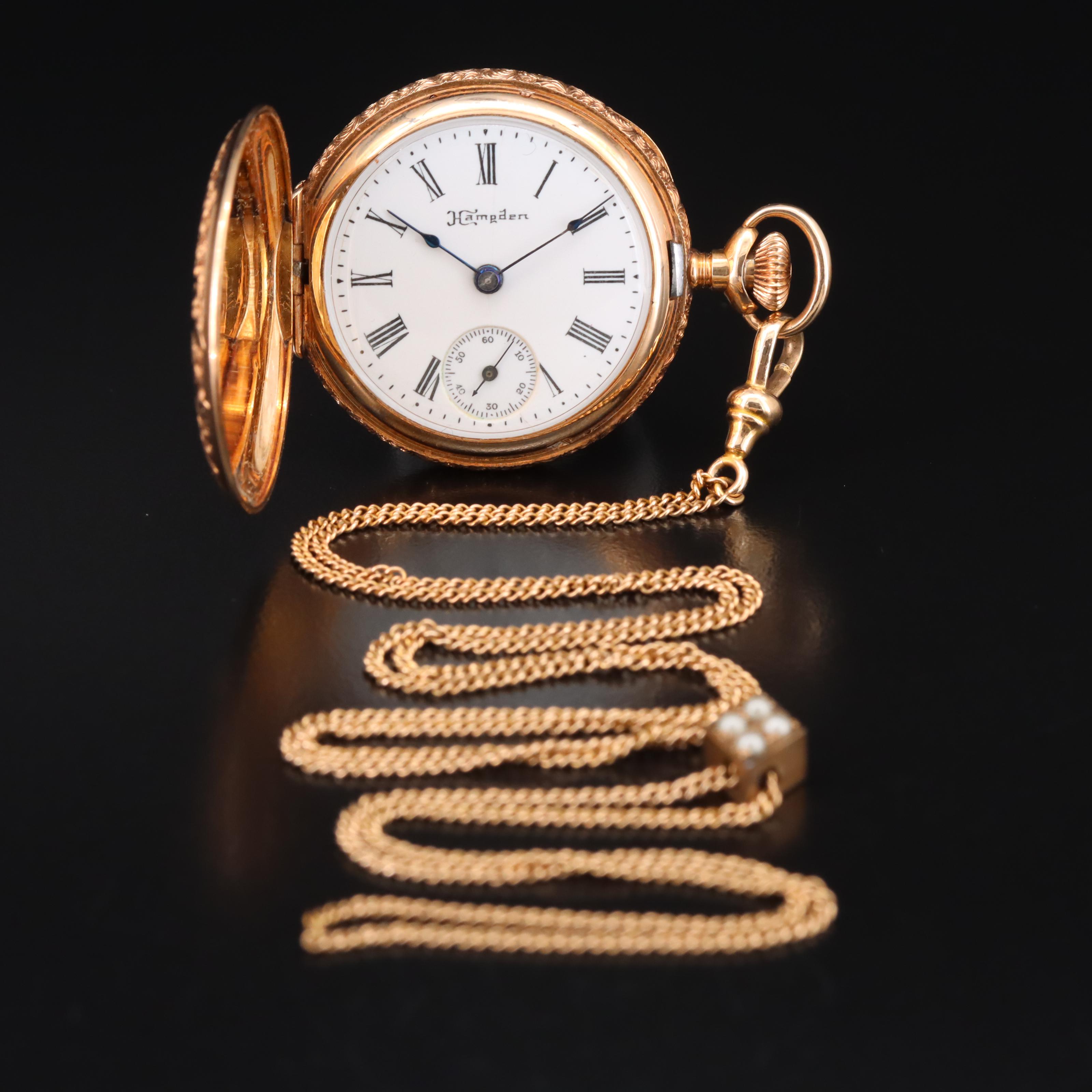 1899 14K Hampden Hunting Case Pocket Watch with 10K Chain