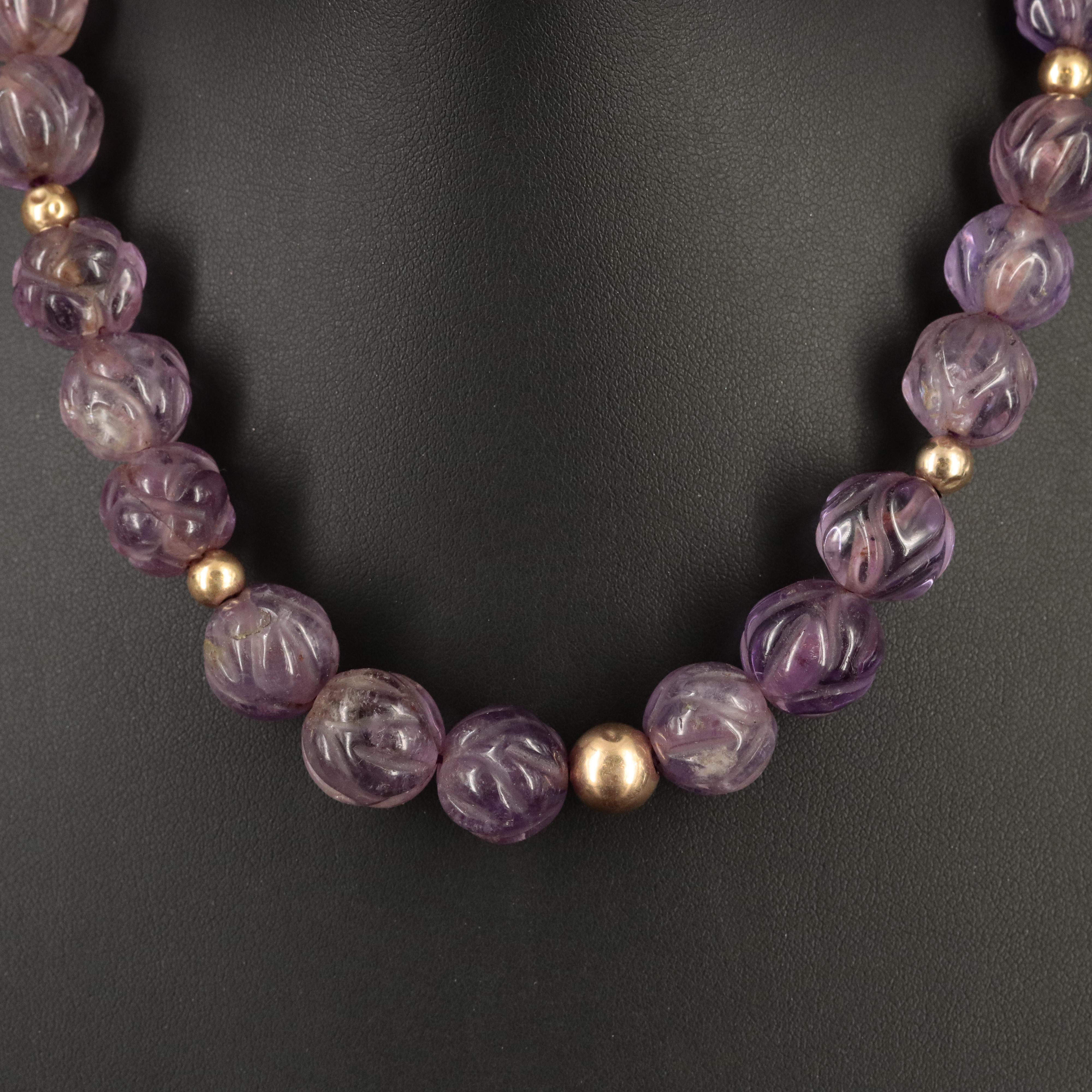 Carved Amethyst Bead Necklace with 14K Clasp and Spacer Beads