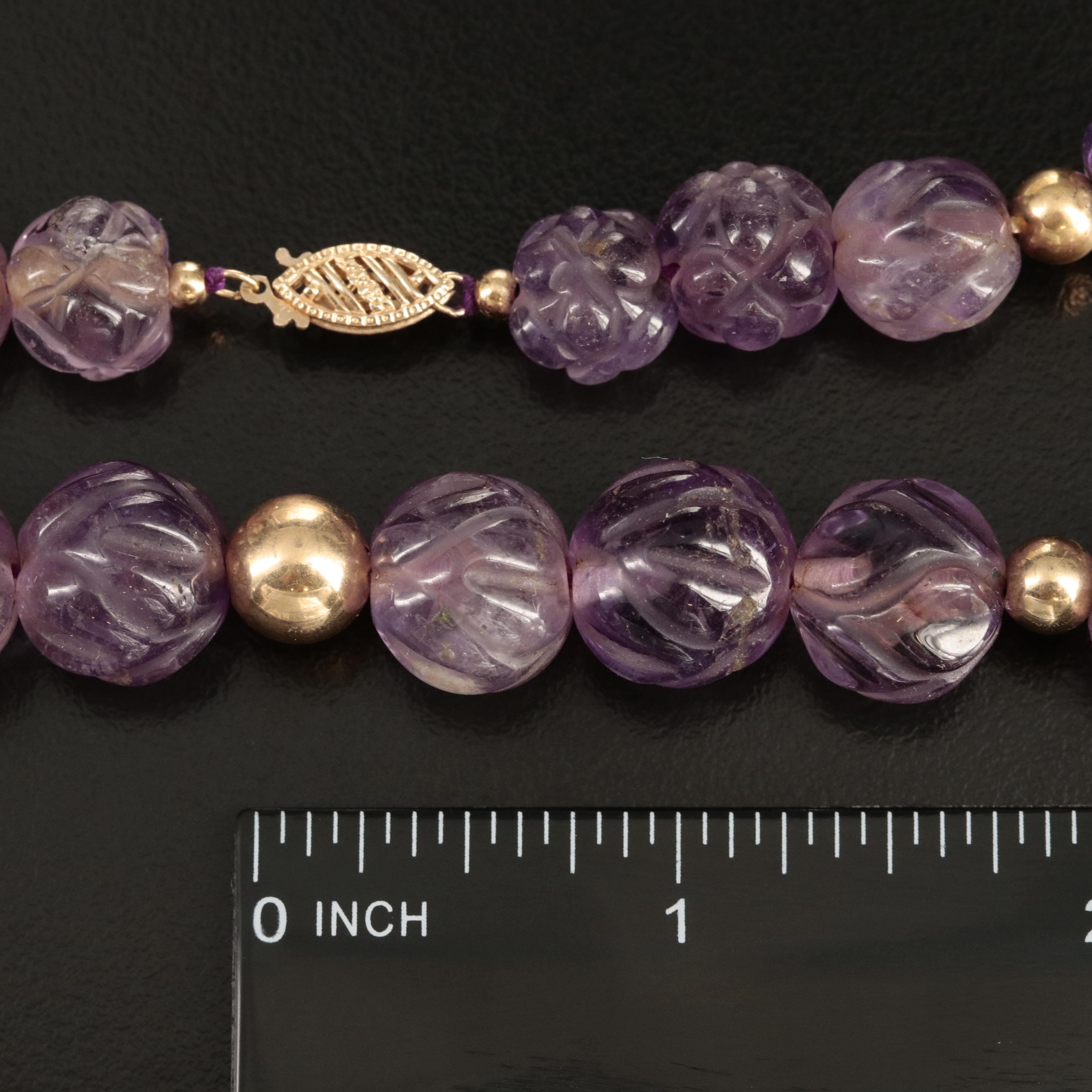 Carved Amethyst Bead Necklace with 14K Clasp and Spacer Beads