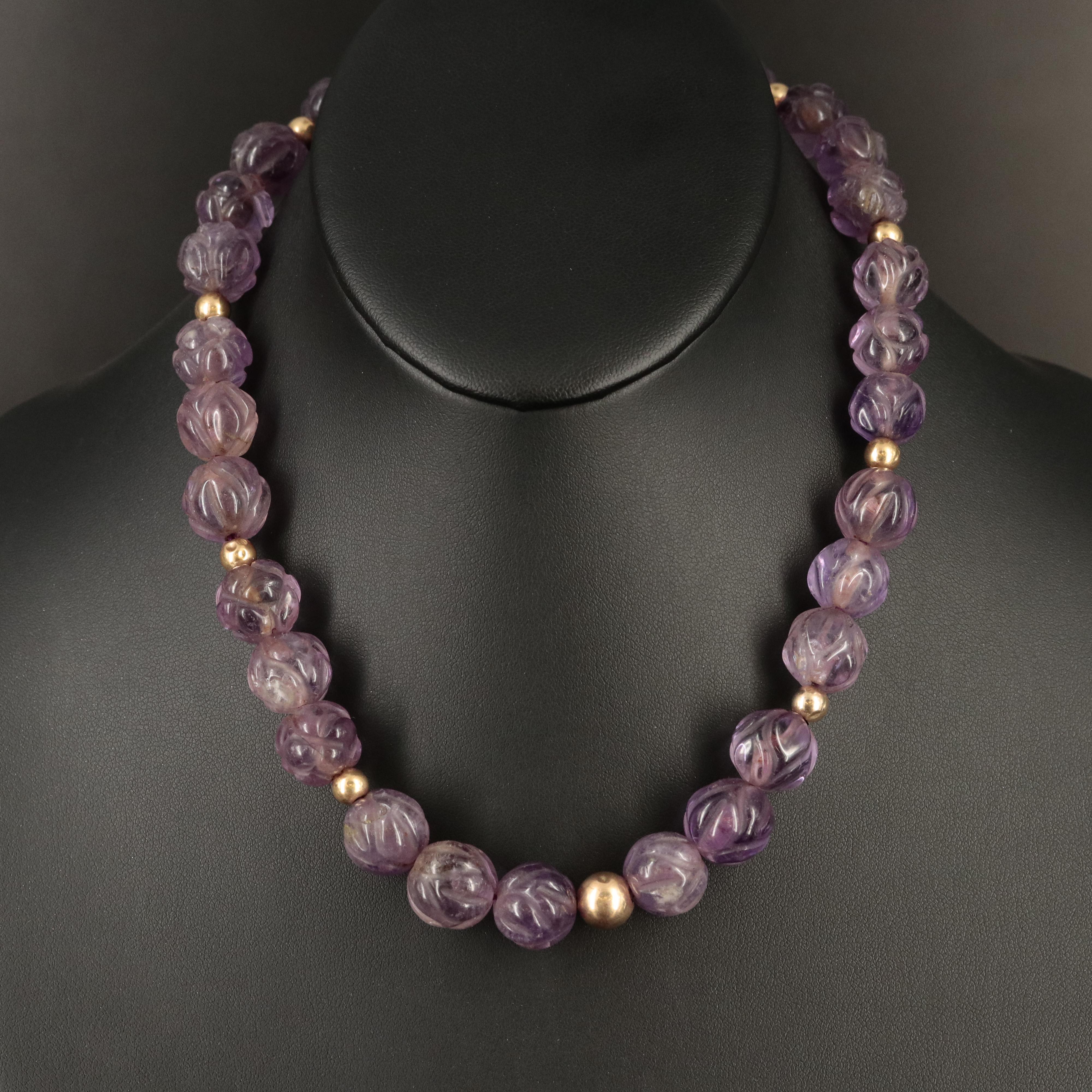 Carved Amethyst Bead Necklace with 14K Clasp and Spacer Beads