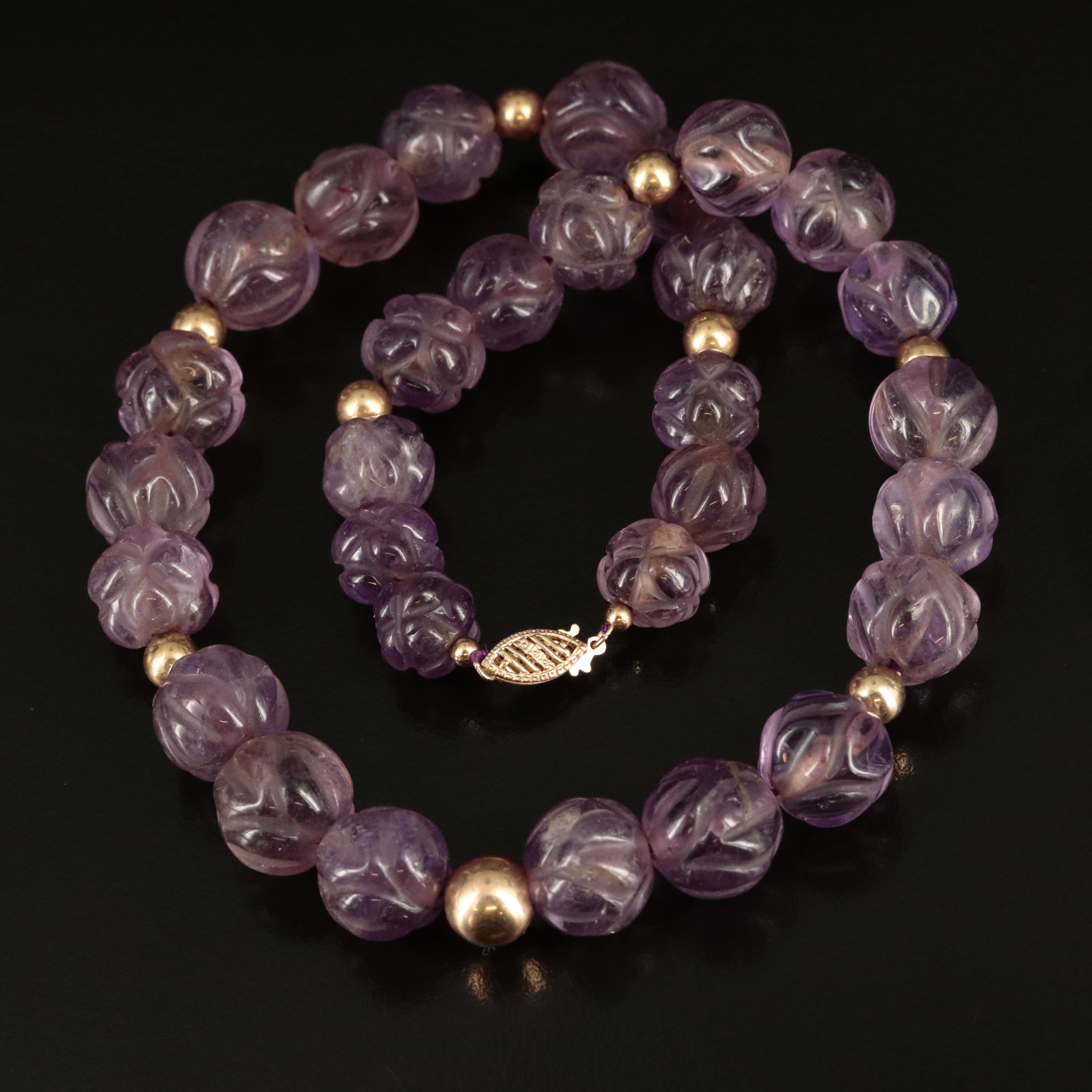 Carved Amethyst Bead Necklace with 14K Clasp and Spacer Beads
