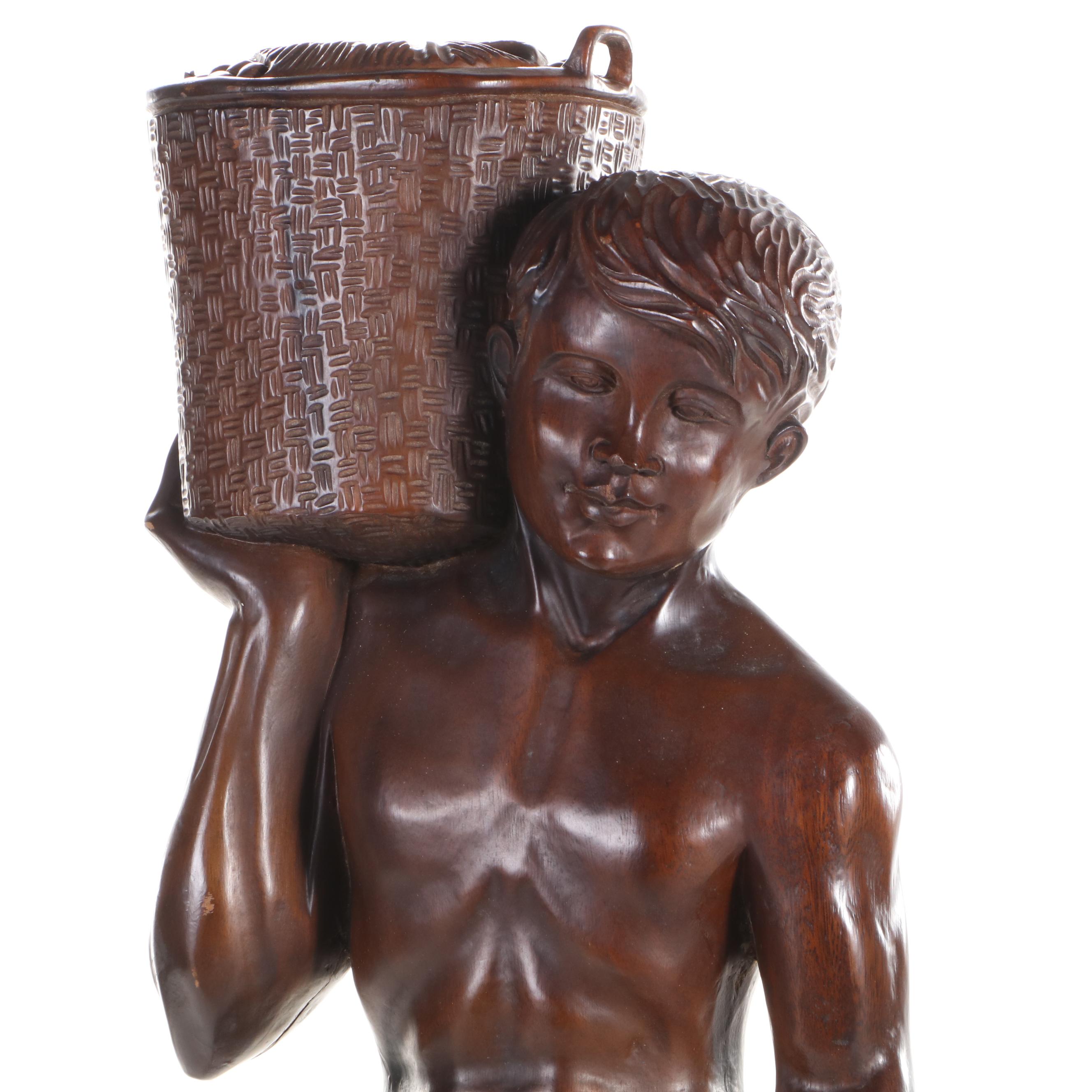 Carved Wood Sculpture of Young Man Carrying Basket, Late 20th Century