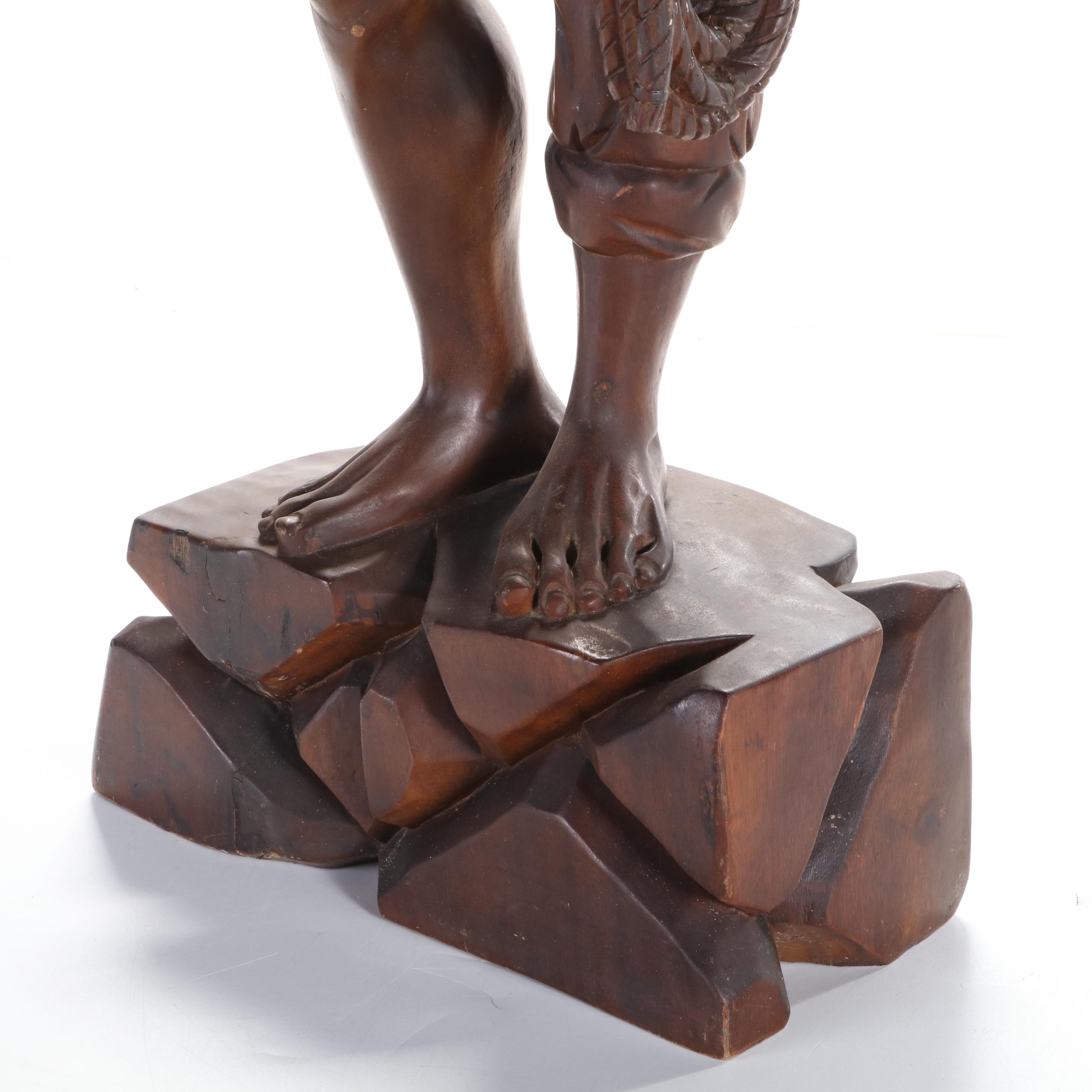 Carved Wood Sculpture of Young Man Carrying Basket, Late 20th Century