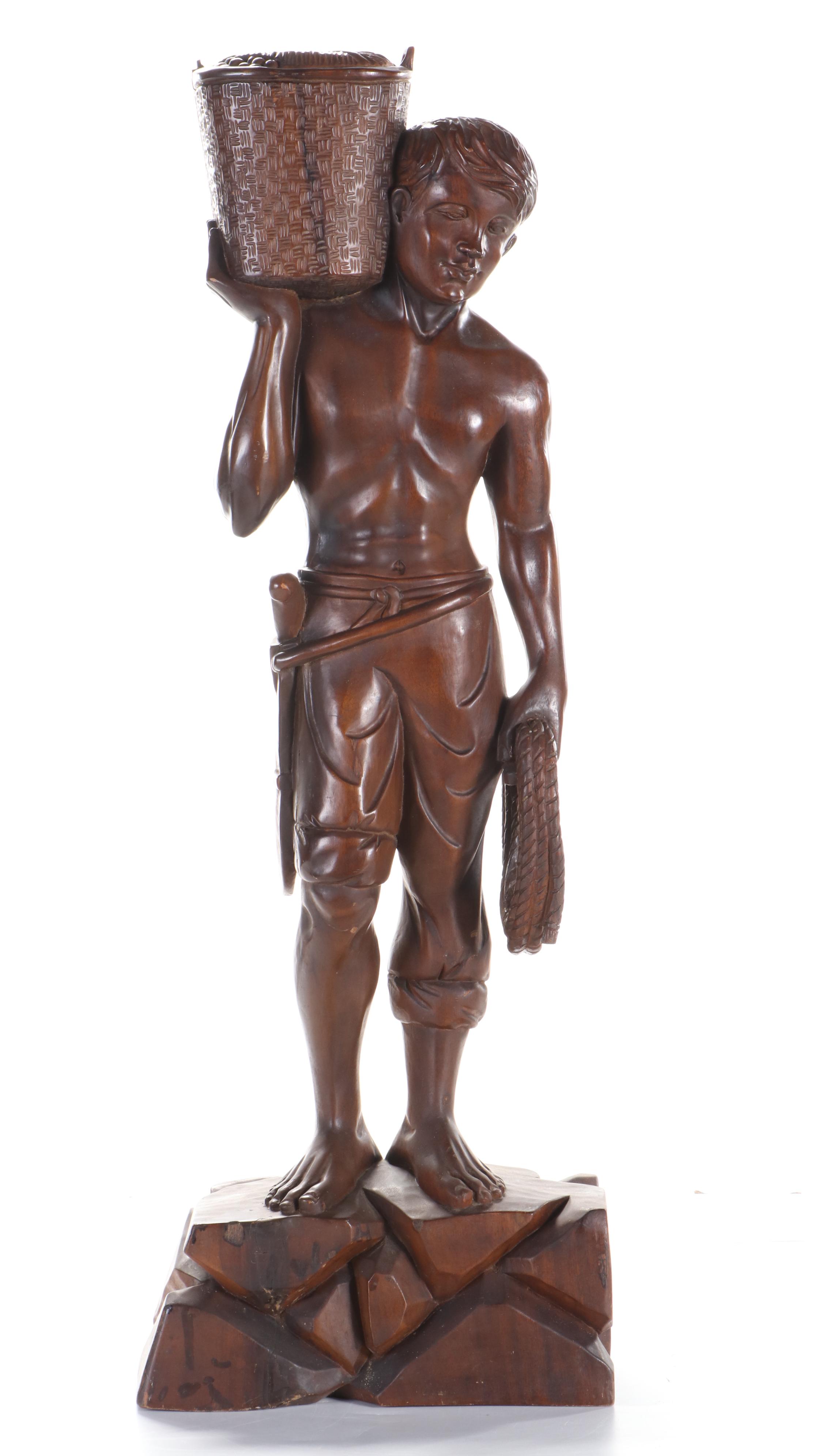 Carved Wood Sculpture of Young Man Carrying Basket, Late 20th Century