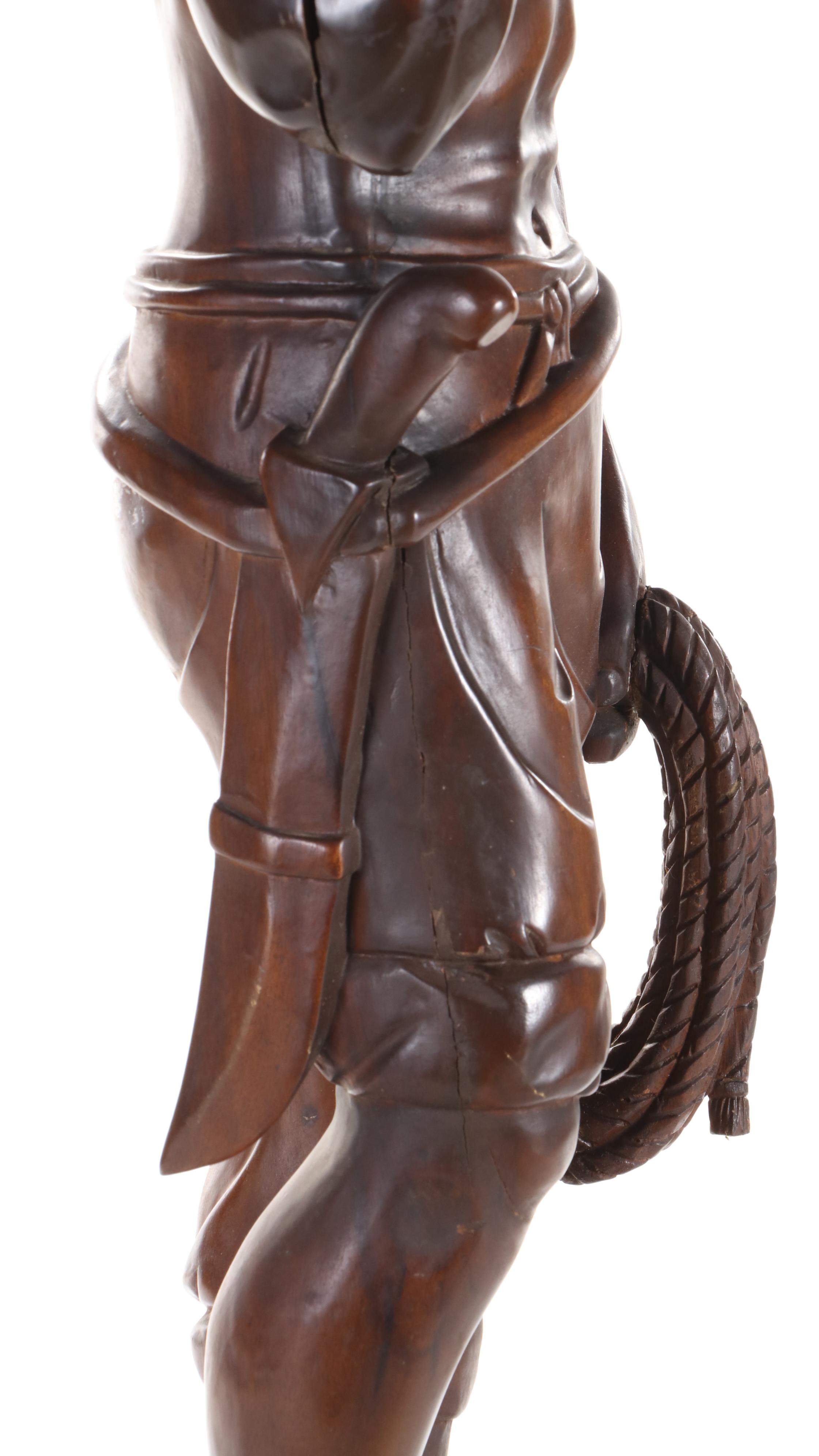 Carved Wood Sculpture of Young Man Carrying Basket, Late 20th Century