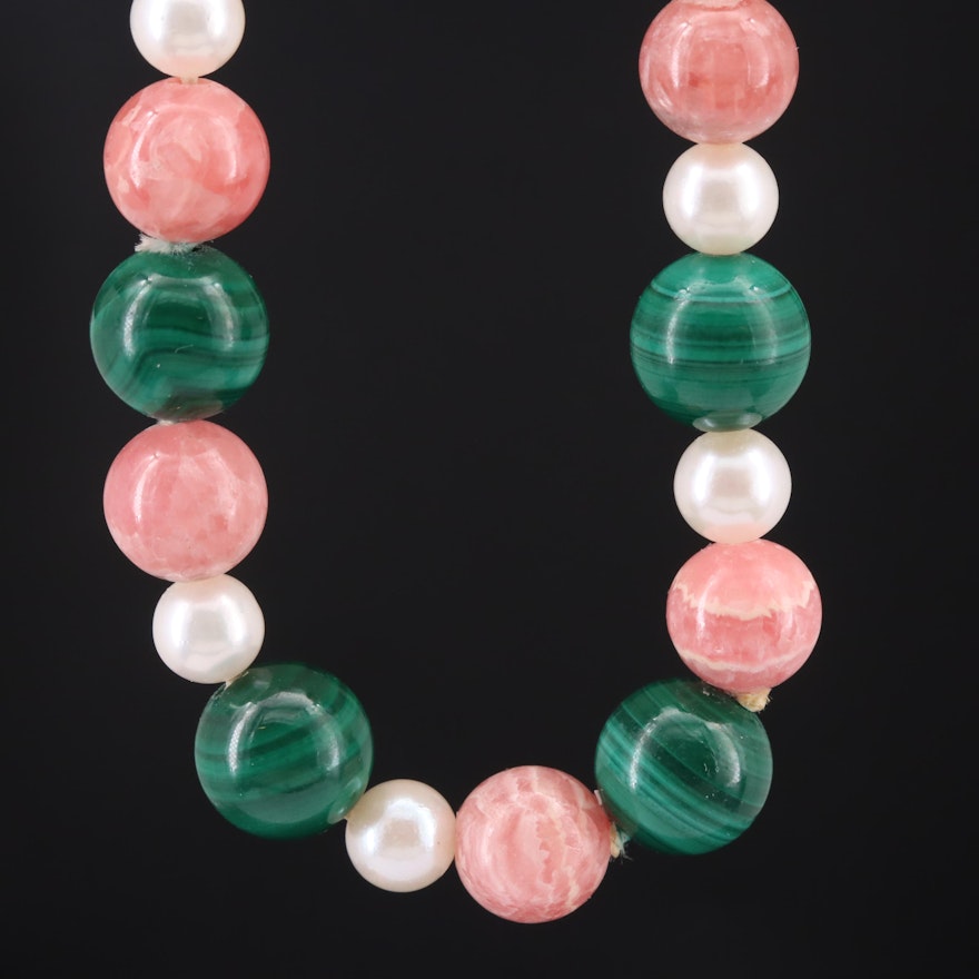 Malachite, Pearl and Rhodocrosite Necklace with 14K Clasp