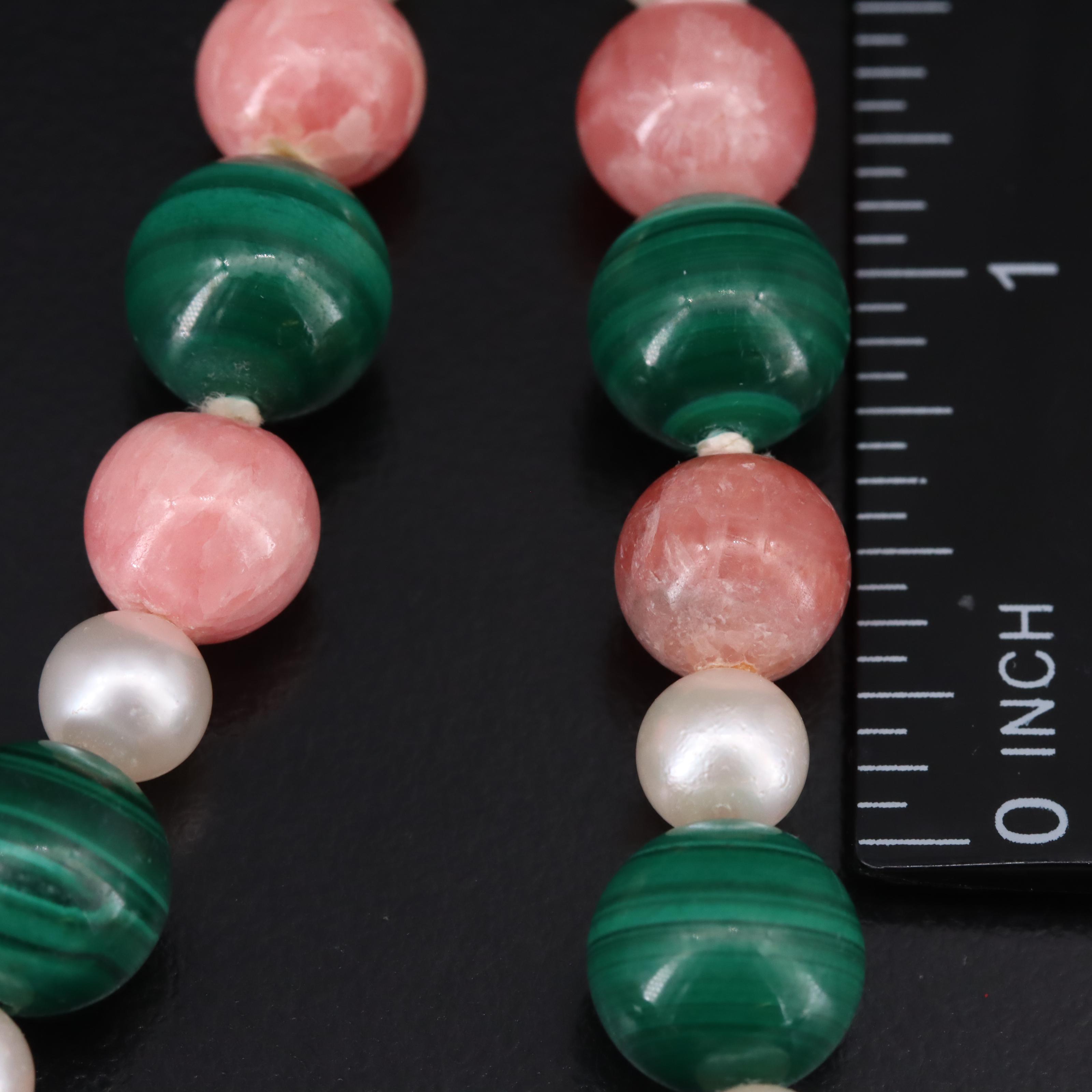 Malachite, Pearl and Rhodocrosite Necklace with 14K Clasp