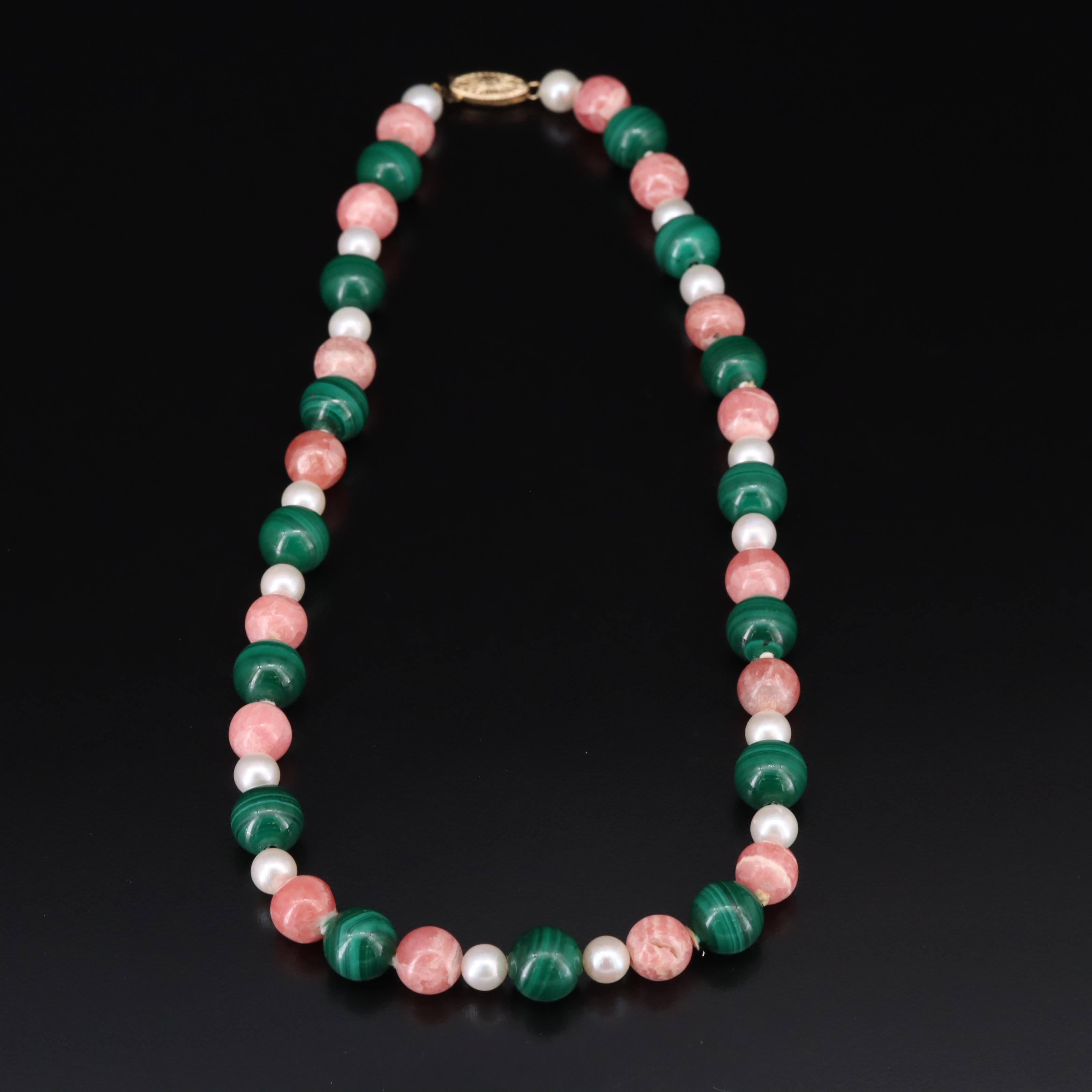 Malachite, Pearl and Rhodocrosite Necklace with 14K Clasp