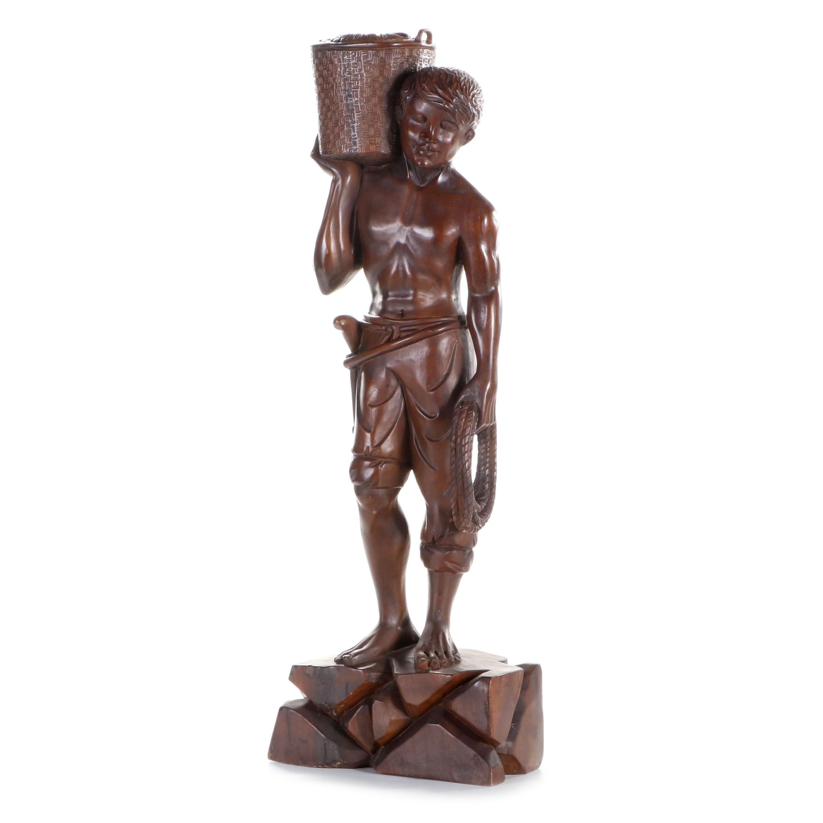 Carved Wood Sculpture of Young Man Carrying Basket, Late 20th Century