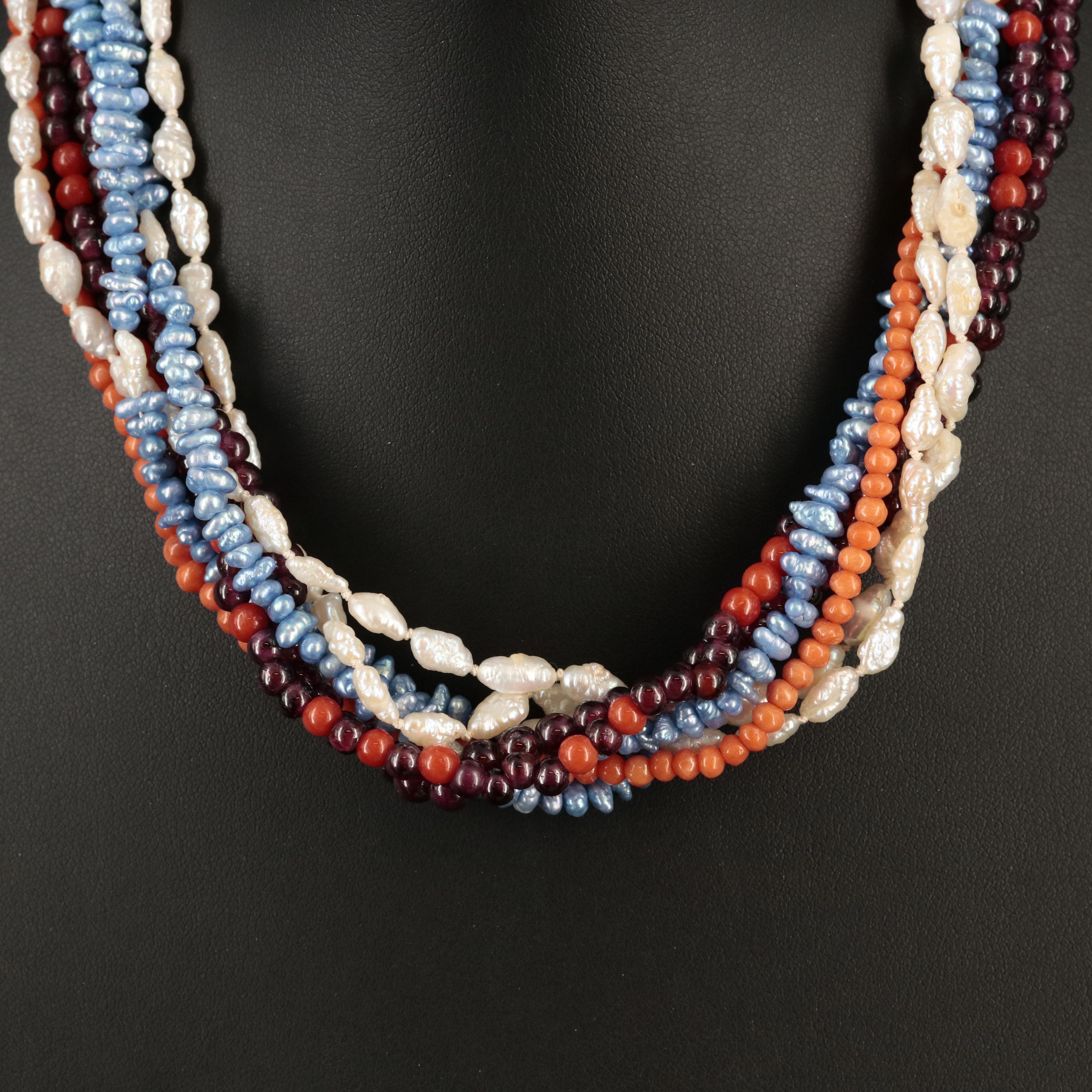 Garnet, Pearl and Coral Multi-Strand Necklace with 14K Clasp