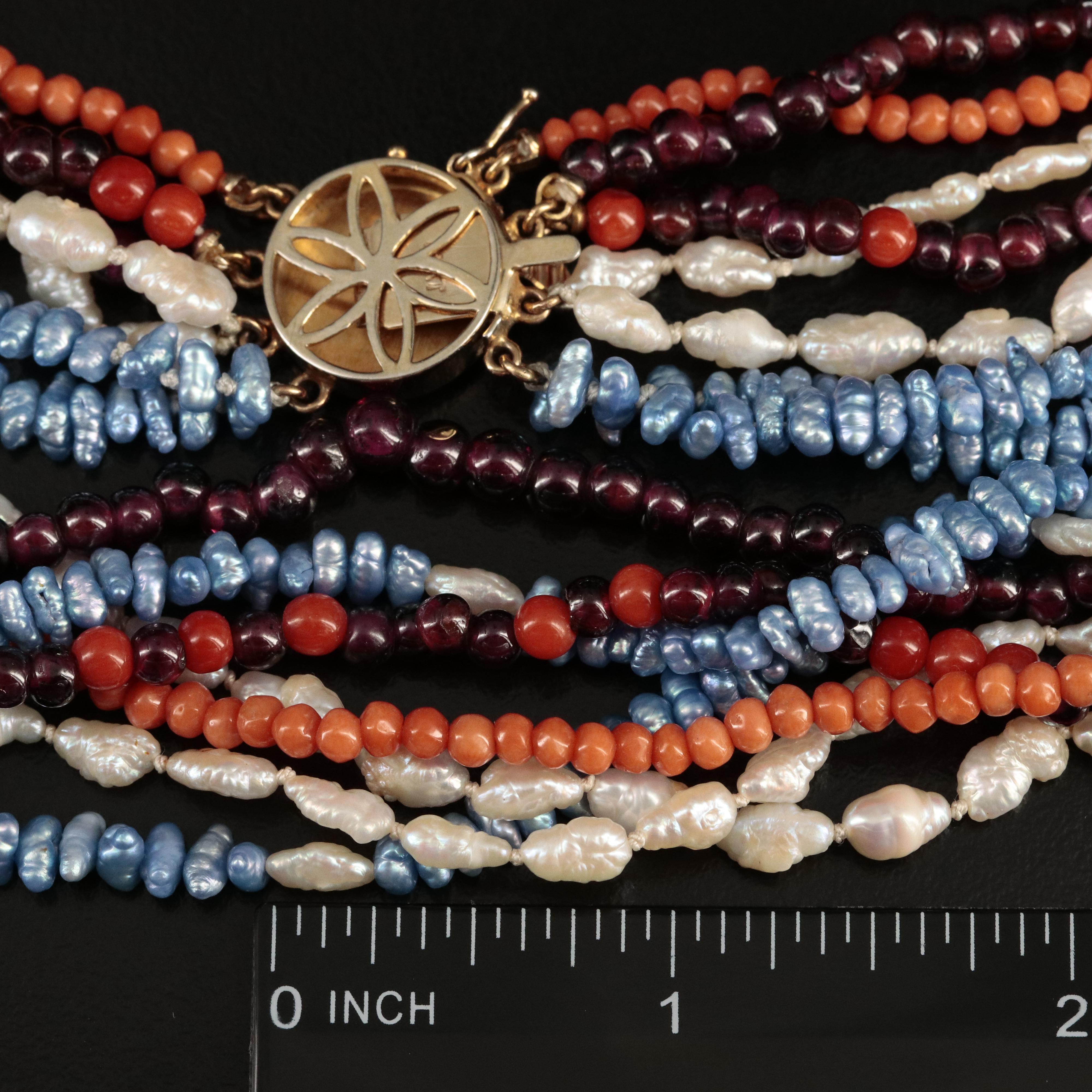 Garnet, Pearl and Coral Multi-Strand Necklace with 14K Clasp