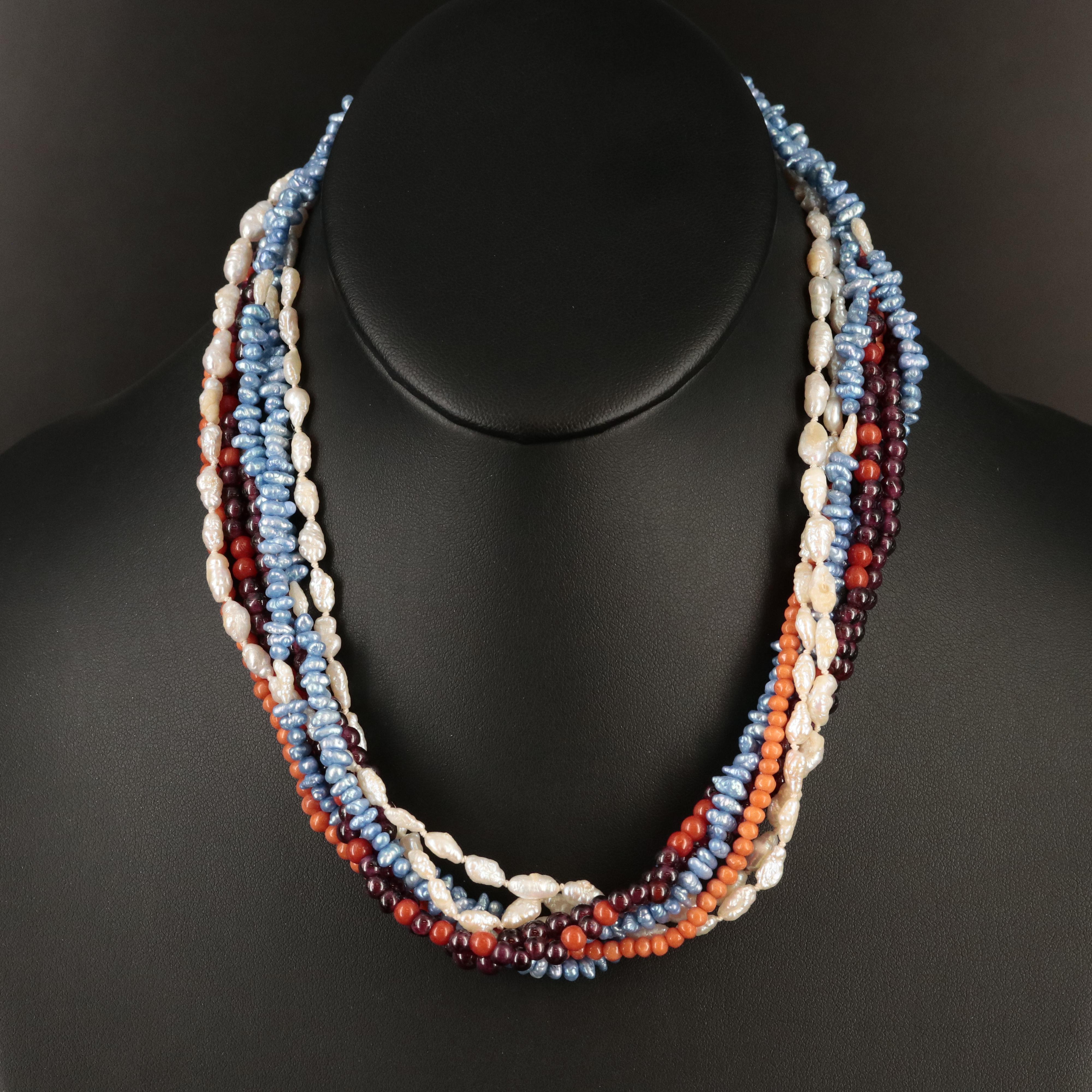 Garnet, Pearl and Coral Multi-Strand Necklace with 14K Clasp