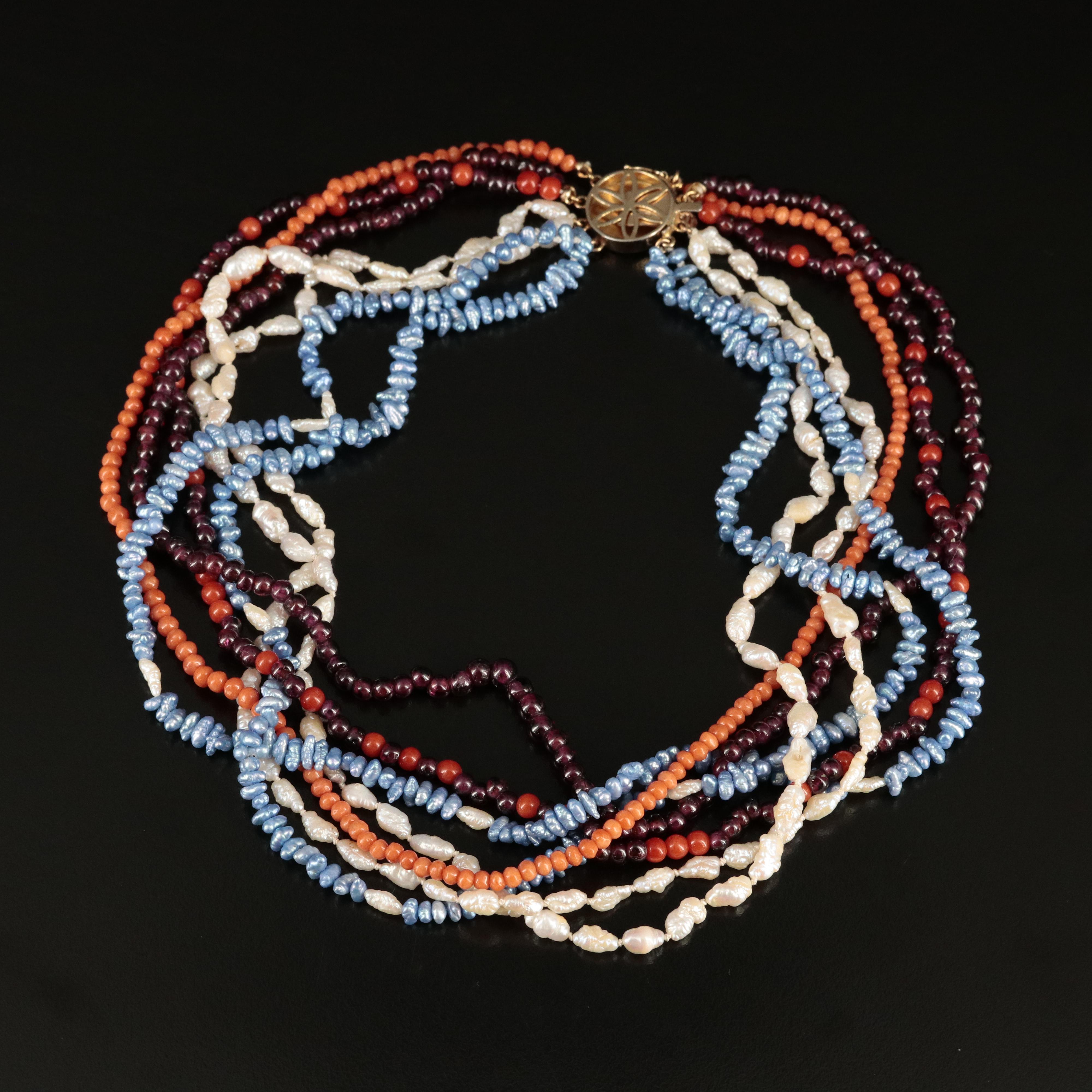 Garnet, Pearl and Coral Multi-Strand Necklace with 14K Clasp