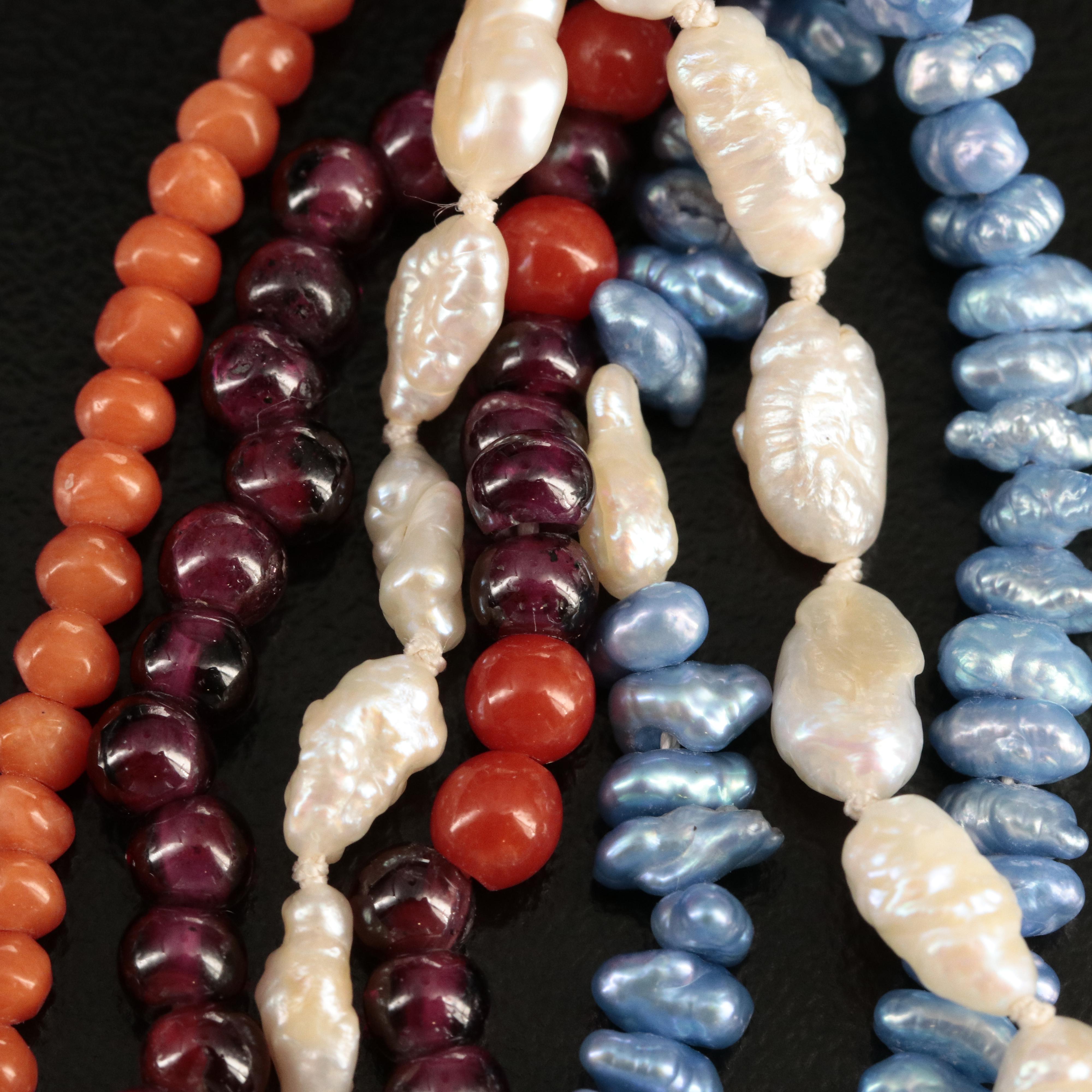 Garnet, Pearl and Coral Multi-Strand Necklace with 14K Clasp