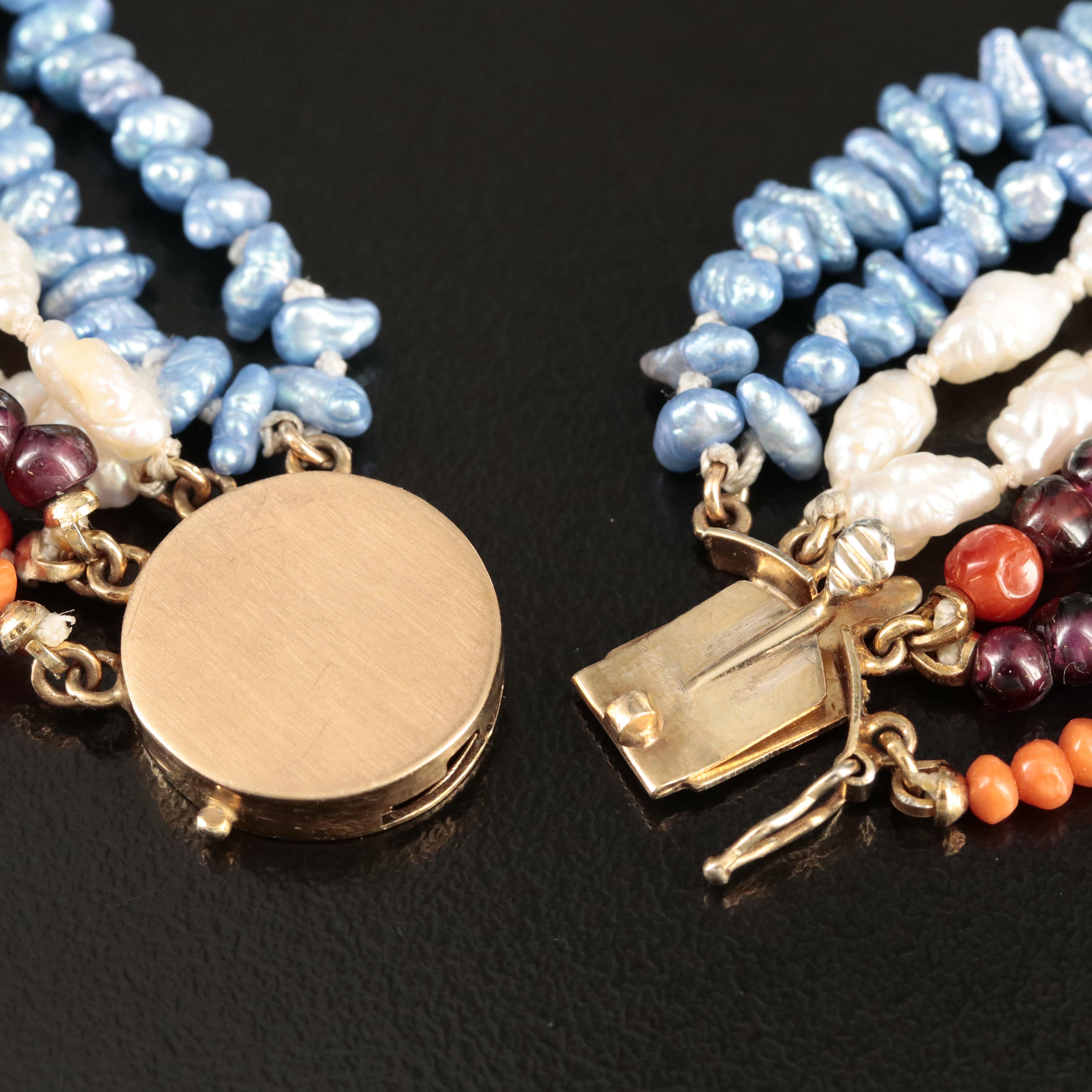 Garnet, Pearl and Coral Multi-Strand Necklace with 14K Clasp