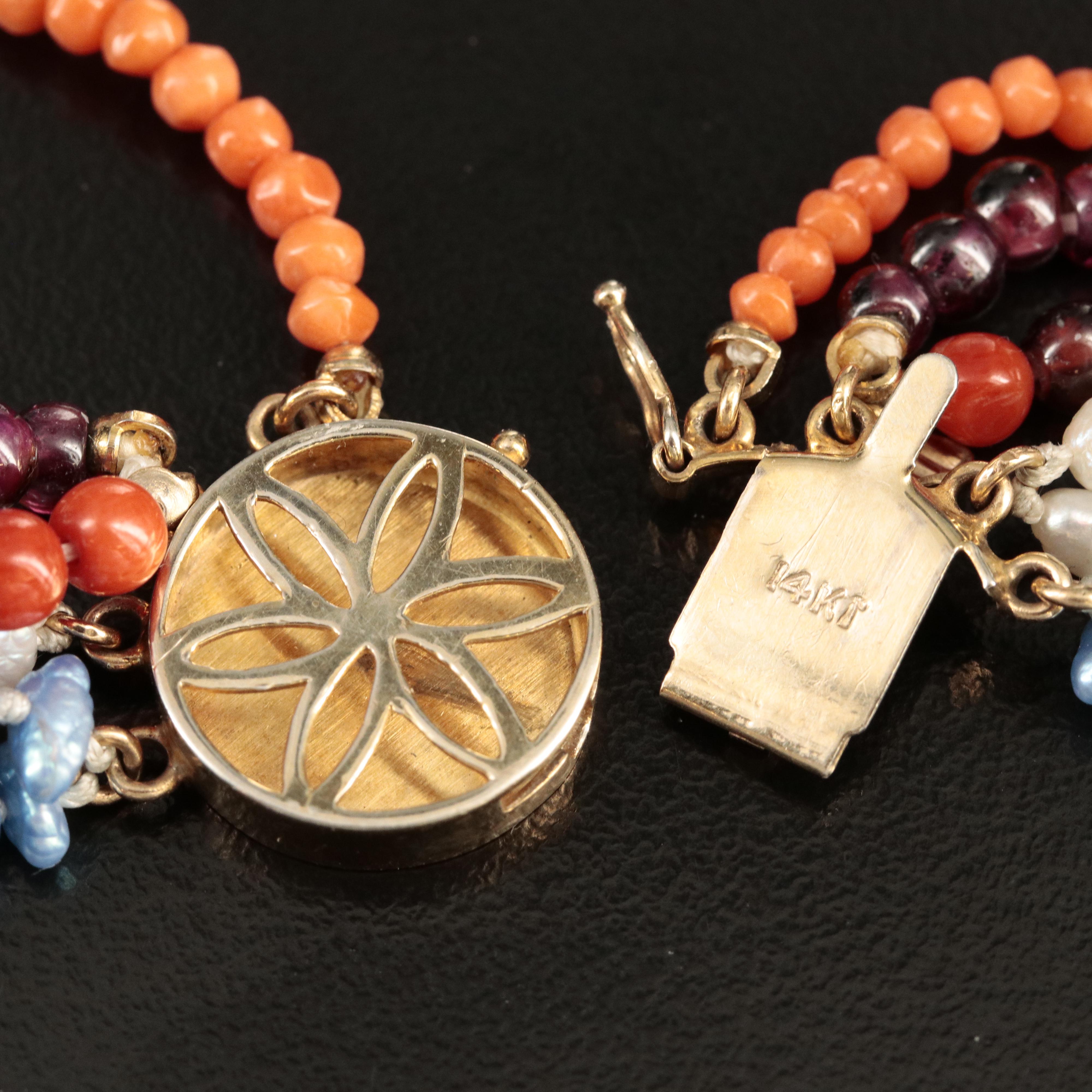 Garnet, Pearl and Coral Multi-Strand Necklace with 14K Clasp