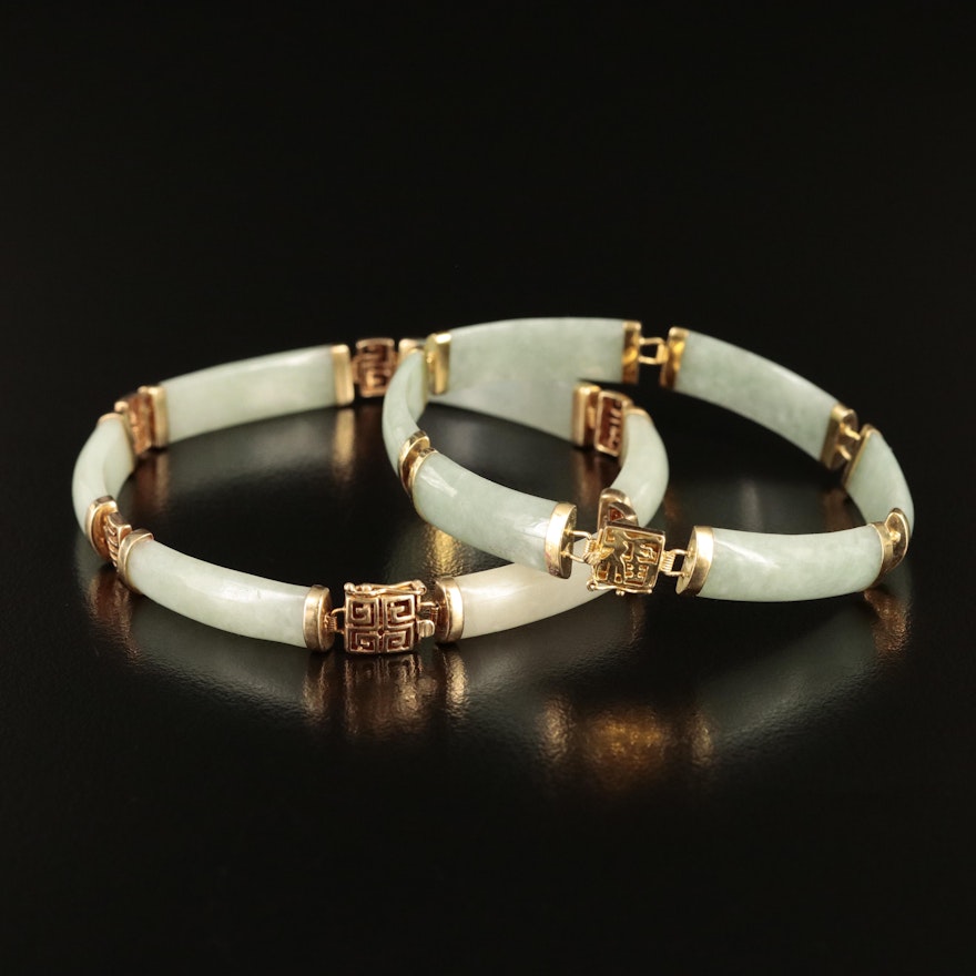 14K Curved Bar Nephrite and Jadeite Bracelets