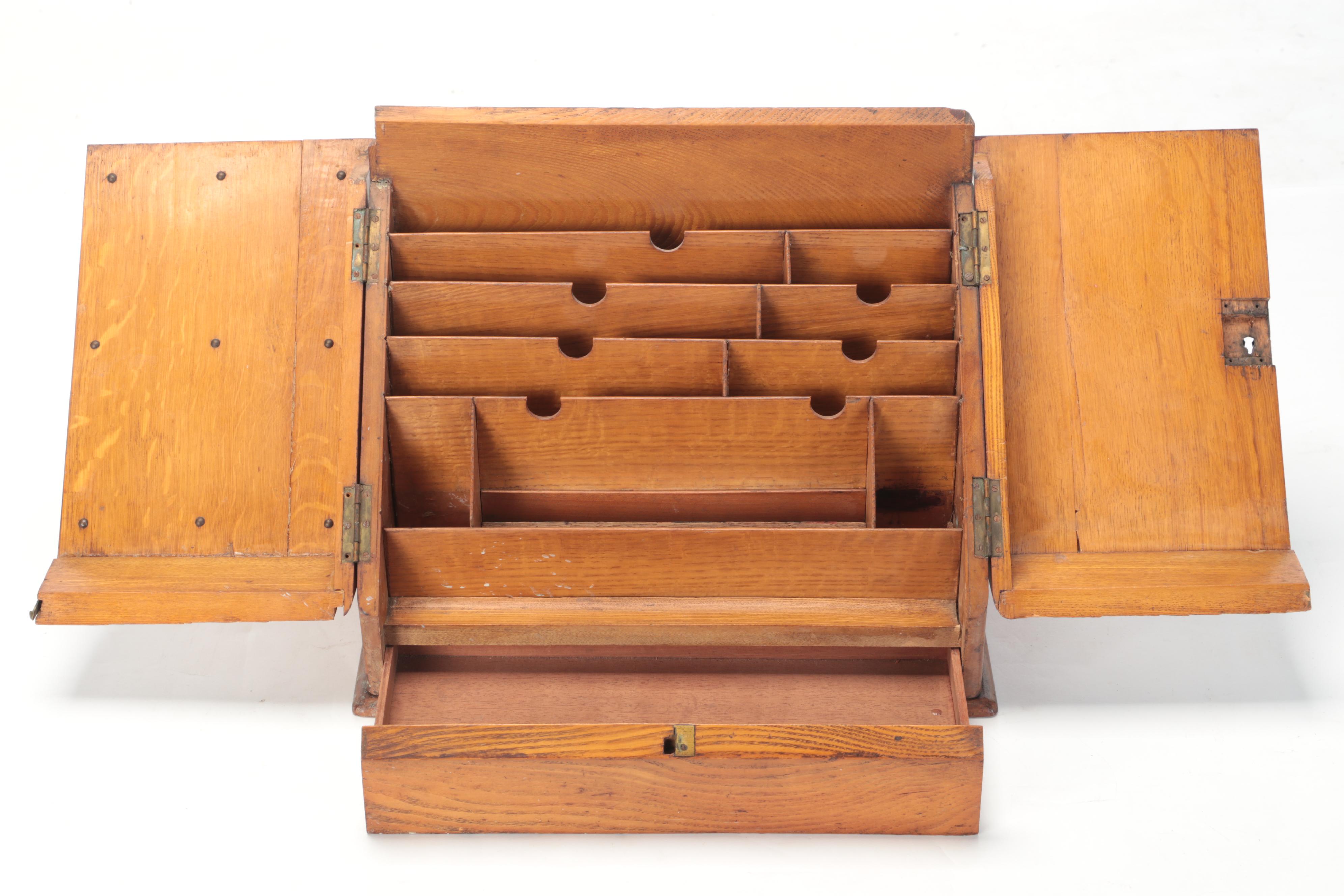 Wooden Desk Top Letter Box with Drawer, Early to Mid-20th Century