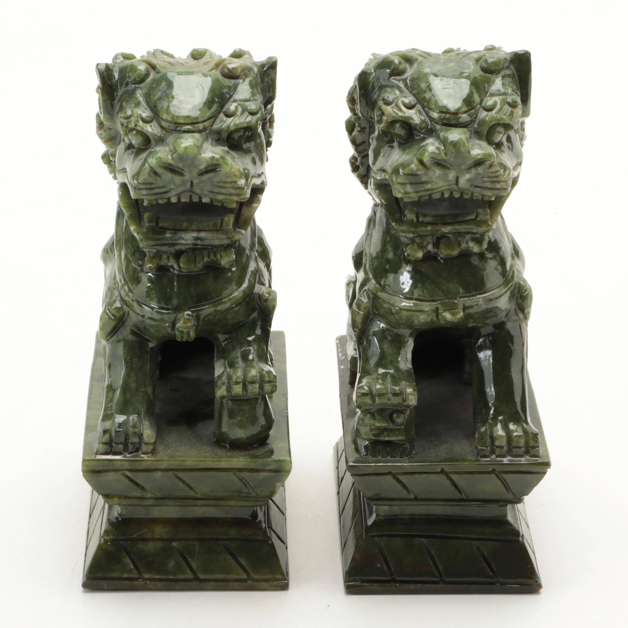 Chinese Carved Serpentine Guardian Lion Figurines