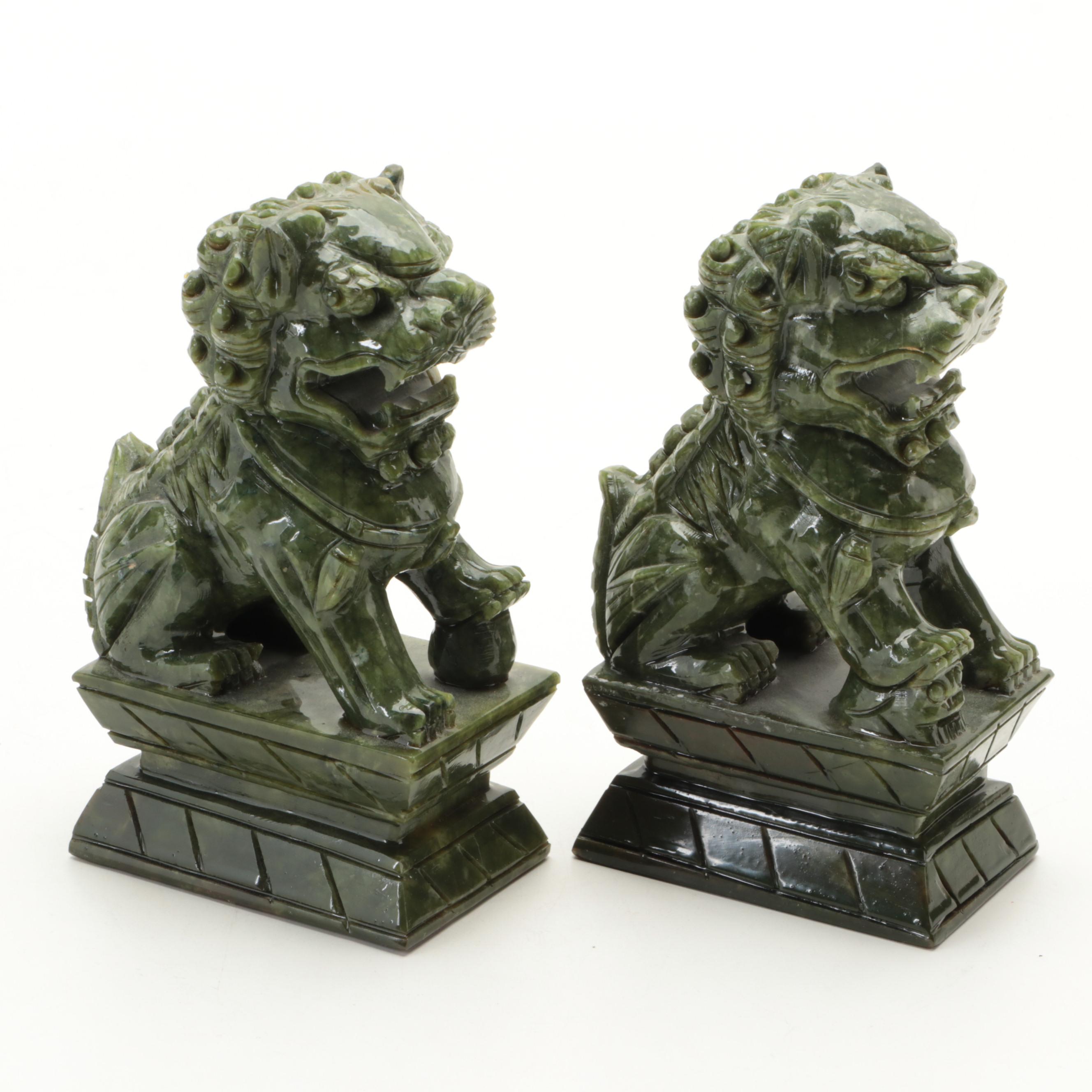 Chinese Carved Serpentine Guardian Lion Figurines