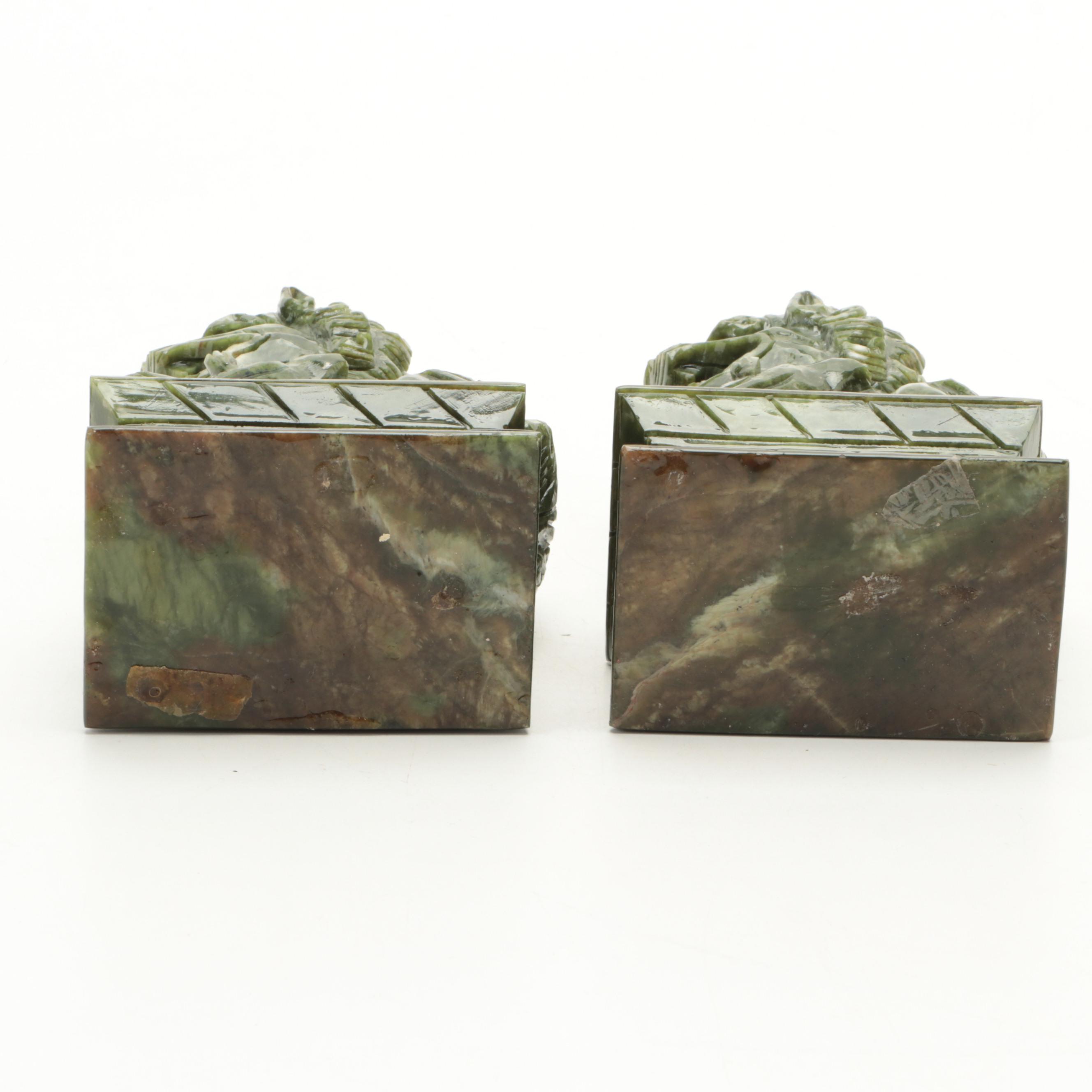 Chinese Carved Serpentine Guardian Lion Figurines
