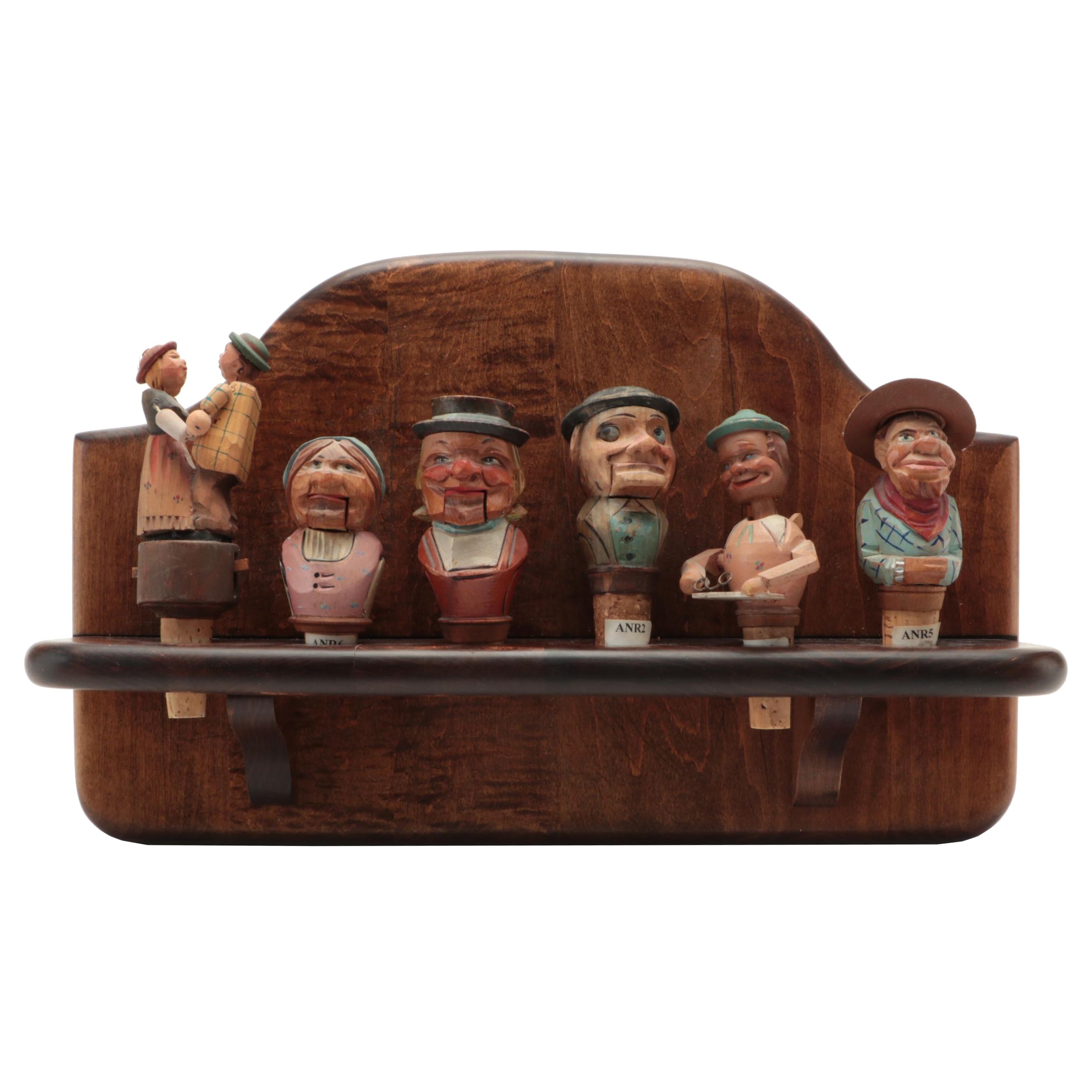 ANRI Carved Wood Bottle Stopper Collection with Display Shelf