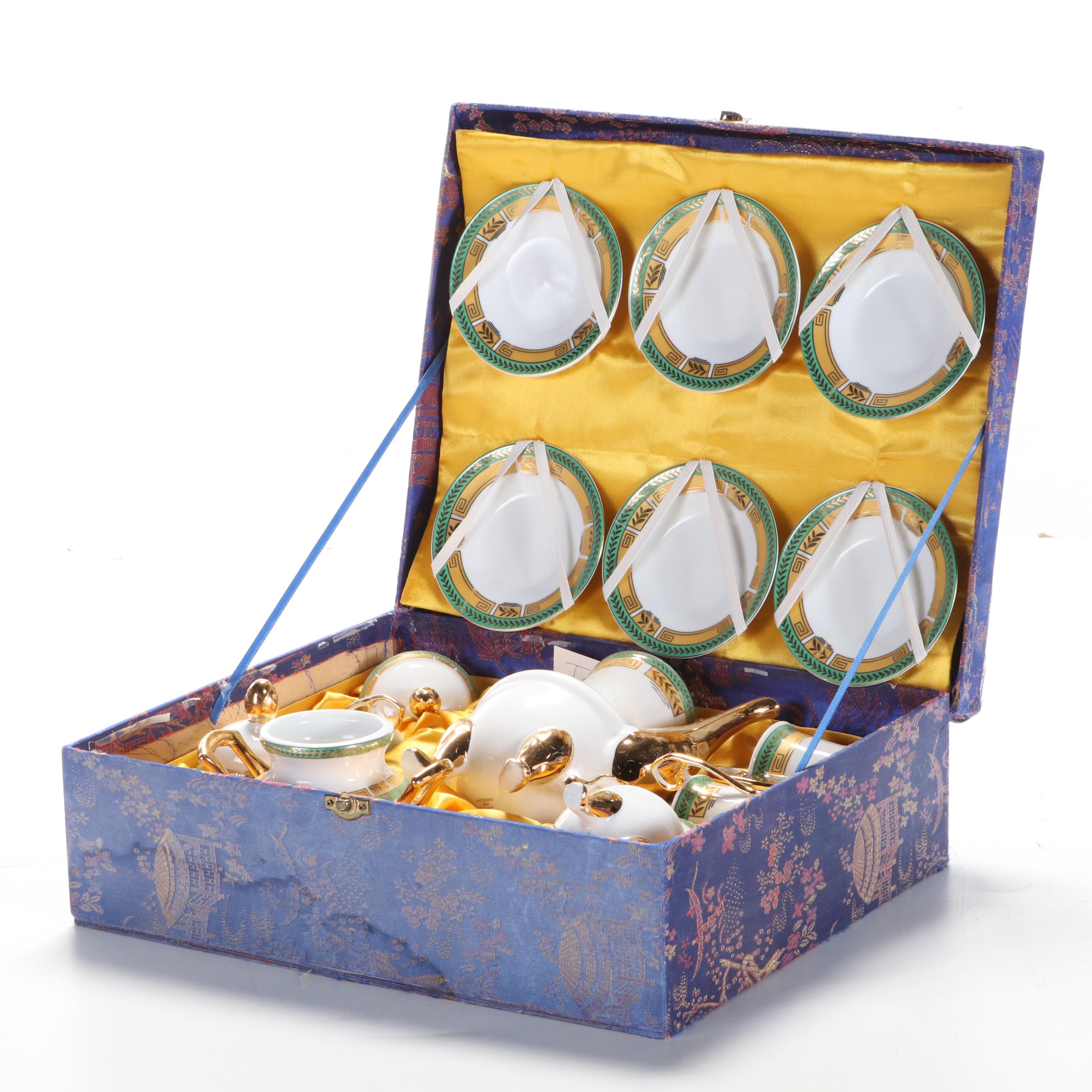 Chinese Gilt Accented Porcelain Tea Set with Silk Box, Mid to Late 20th C.