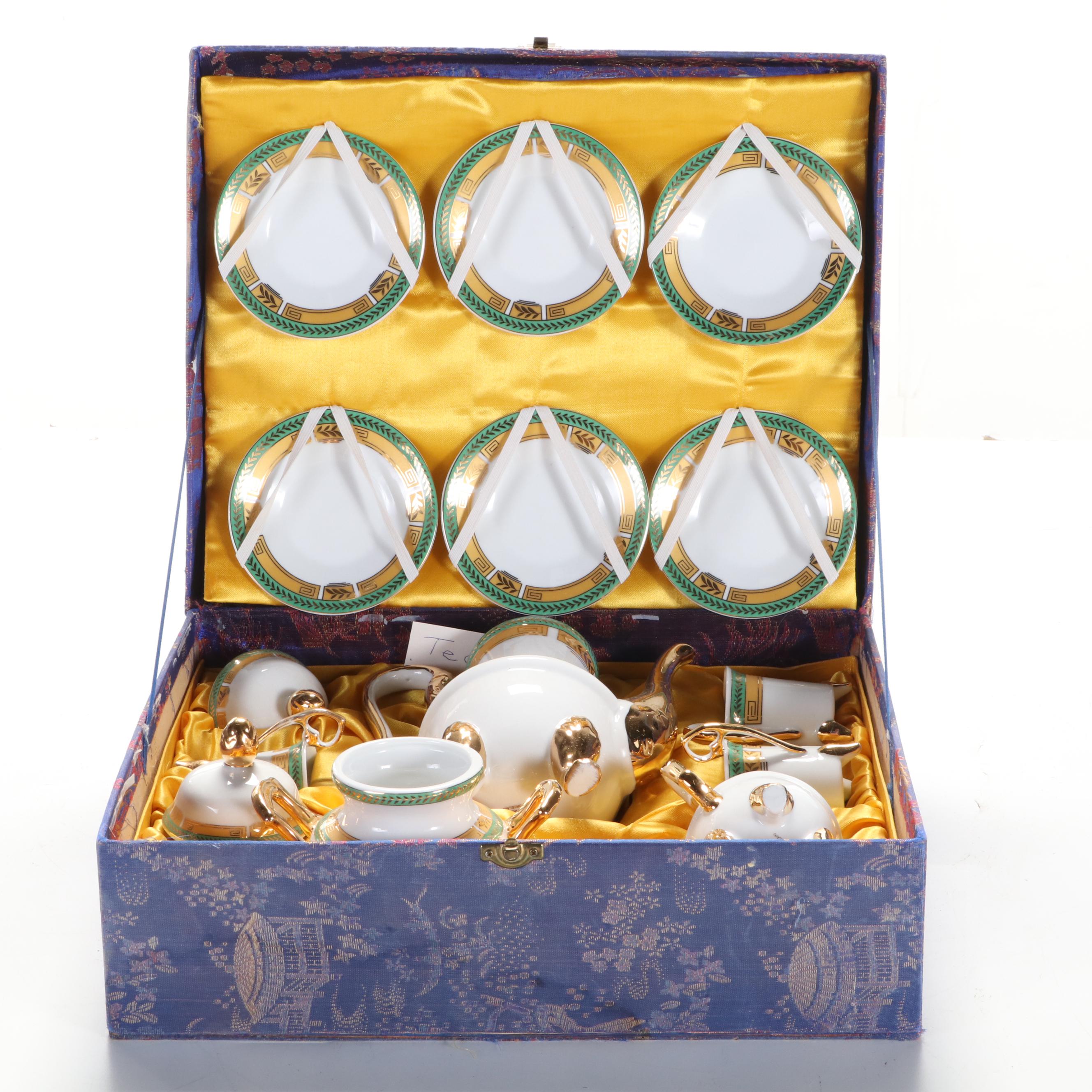 Chinese Gilt Accented Porcelain Tea Set with Silk Box, Mid to Late 20th C.