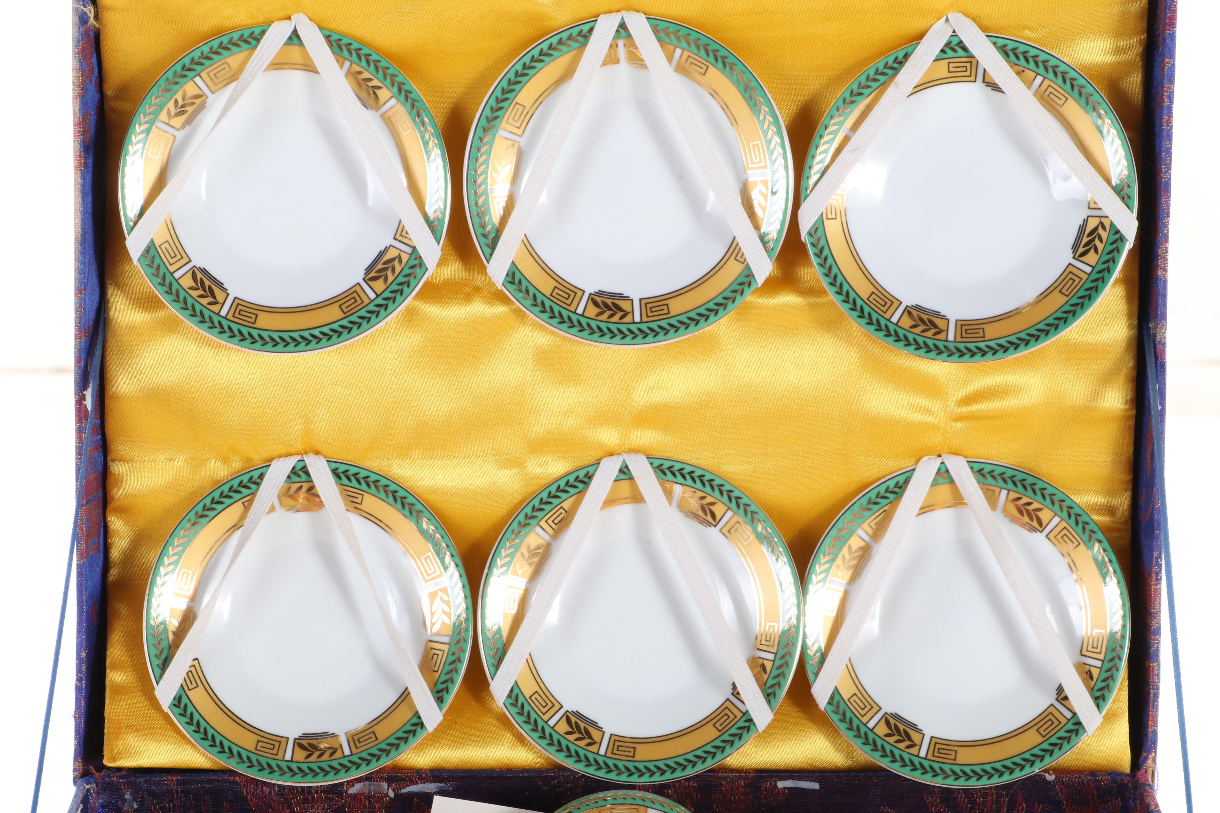 Chinese Gilt Accented Porcelain Tea Set with Silk Box, Mid to Late 20th C.