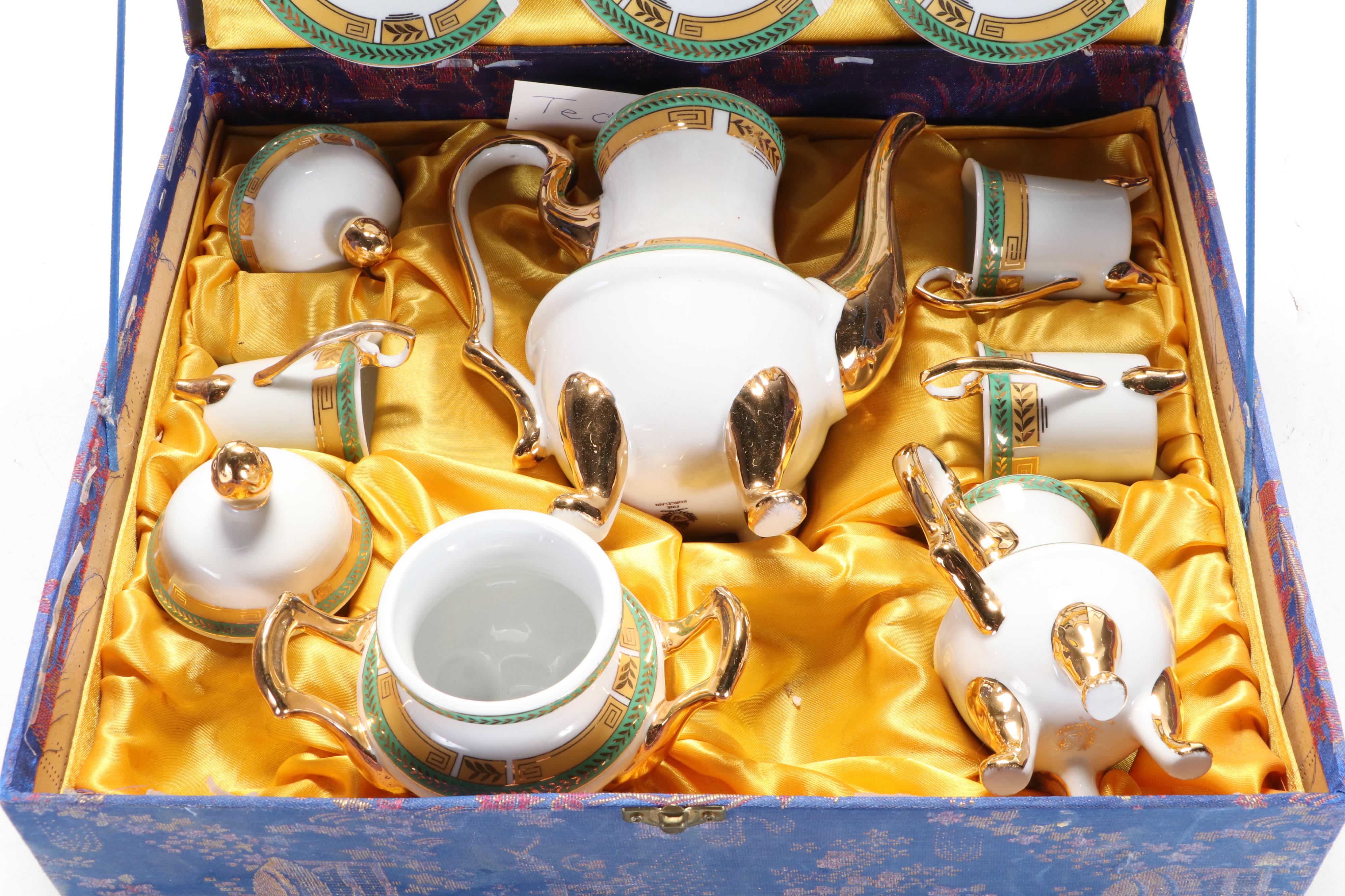 Chinese Gilt Accented Porcelain Tea Set with Silk Box, Mid to Late 20th C.