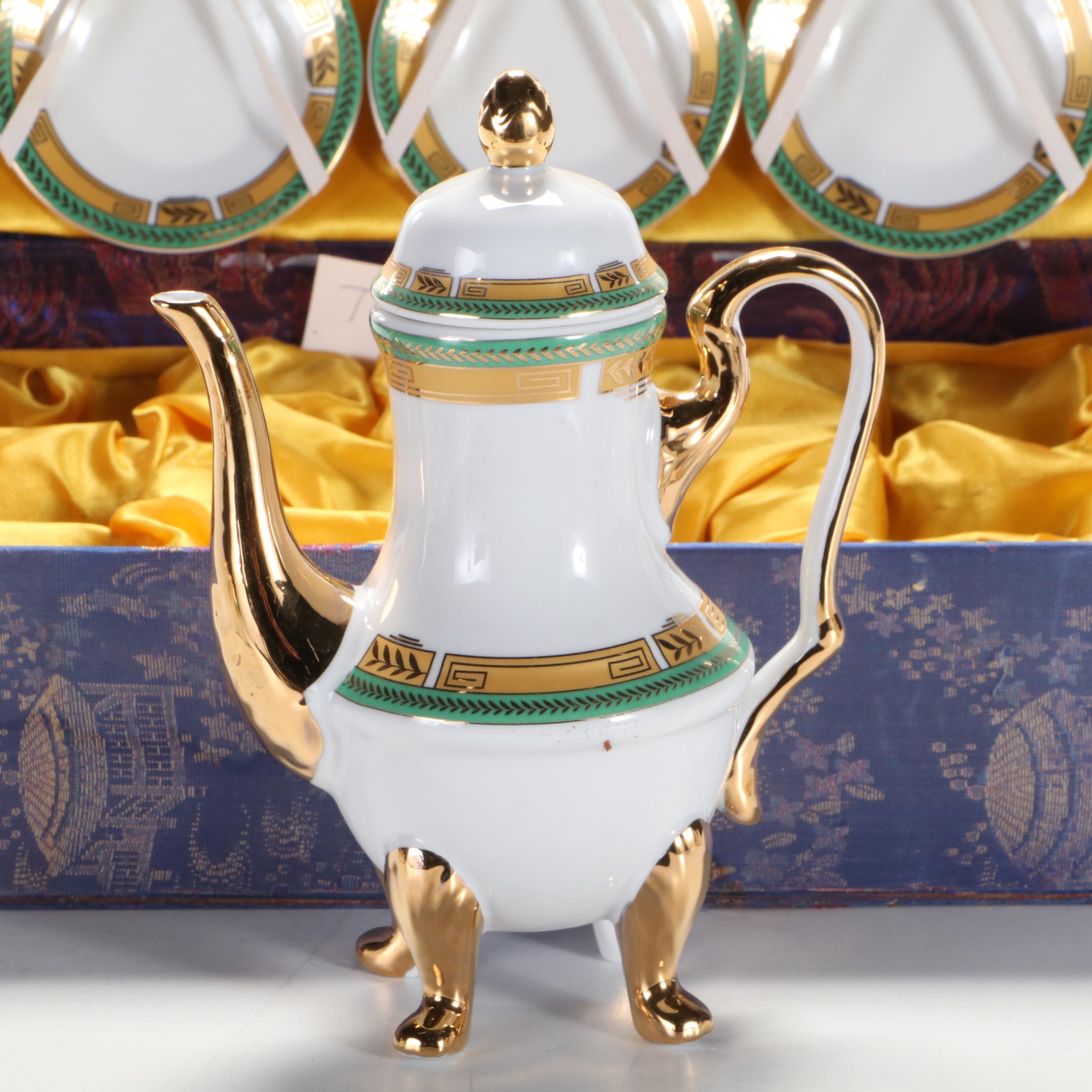 Chinese Gilt Accented Porcelain Tea Set with Silk Box, Mid to Late 20th C.