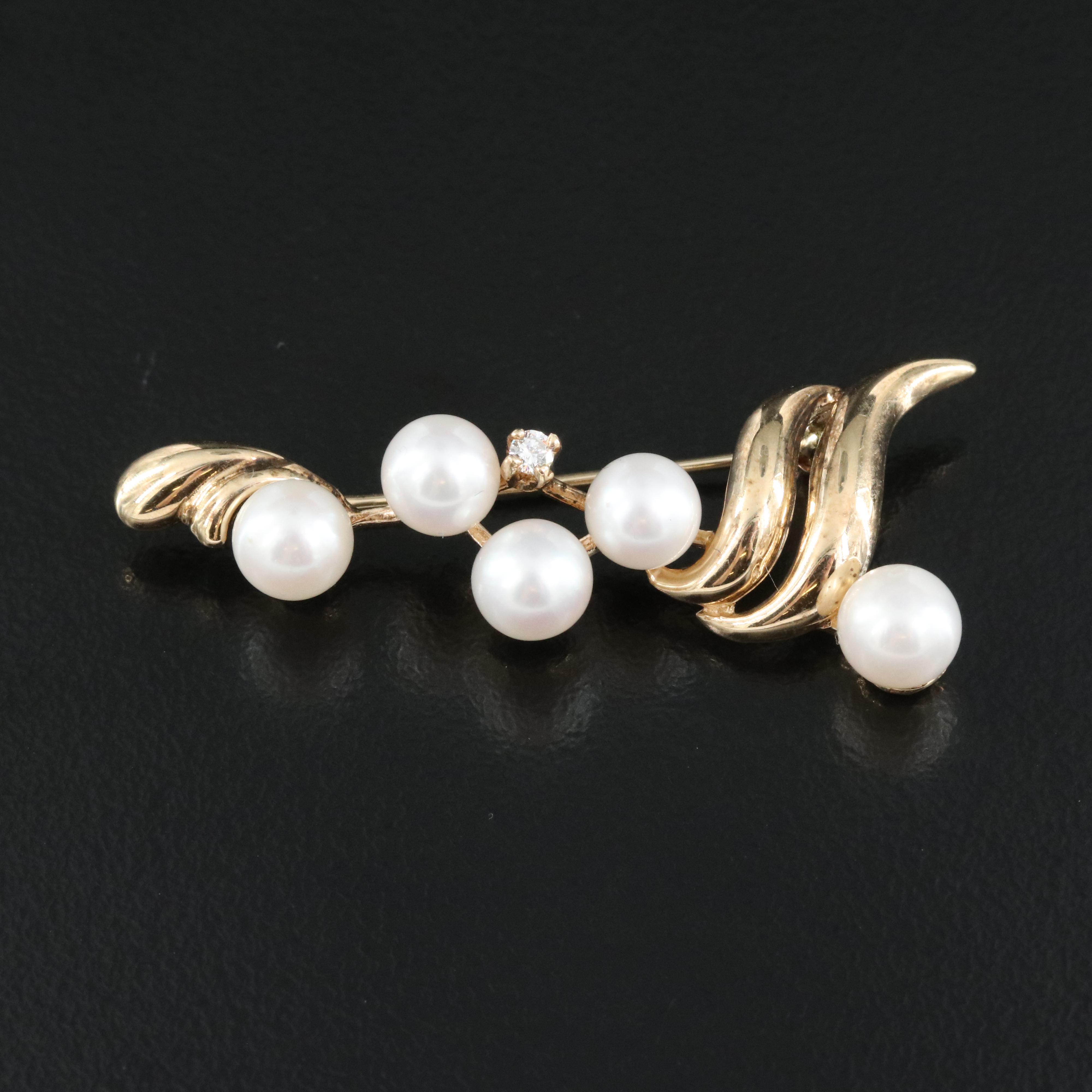 14K Pearl and Diamond Brooch