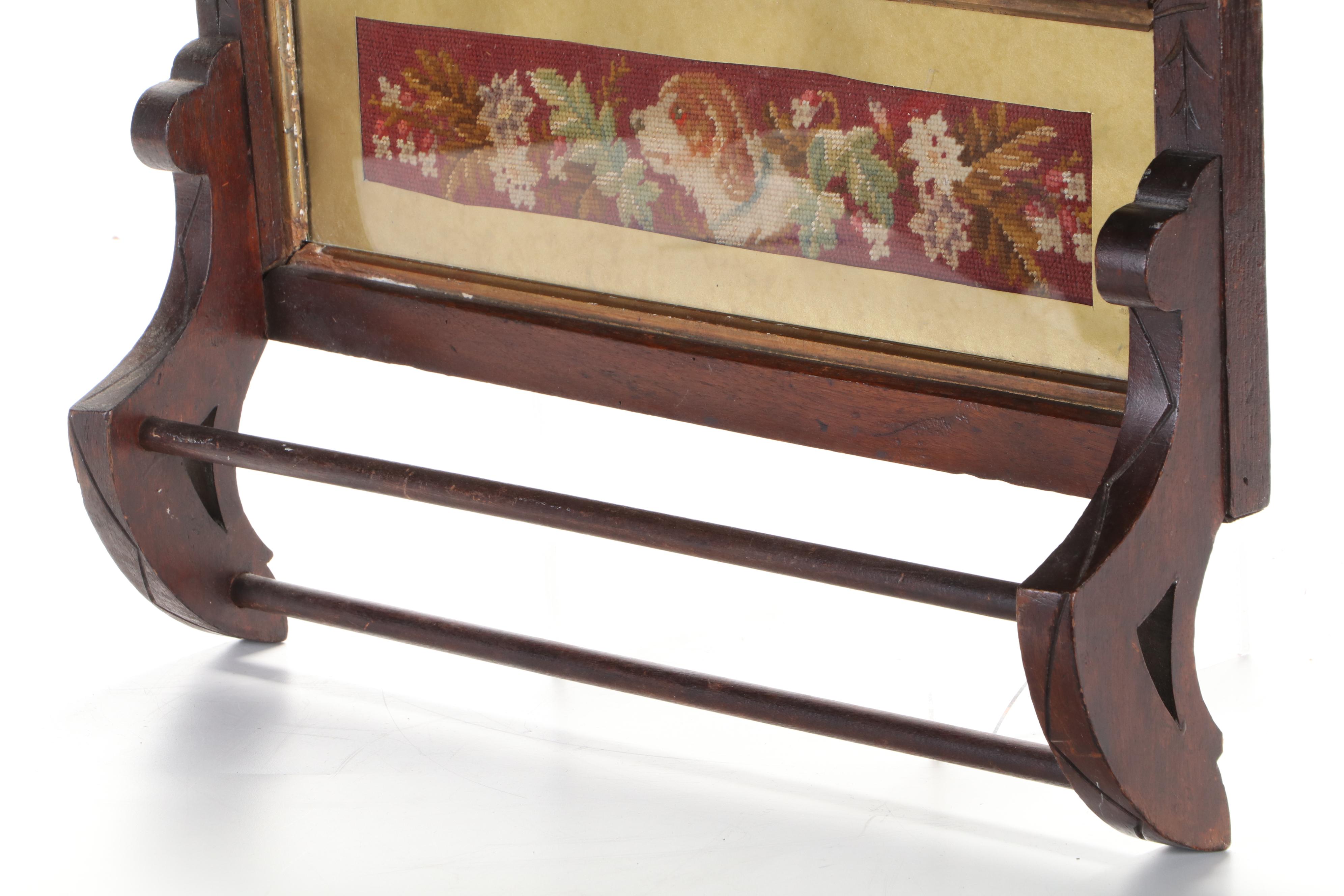 Victorian Eastlake Carved Wood Towel Rack with Needlepoint, Late 19th C.