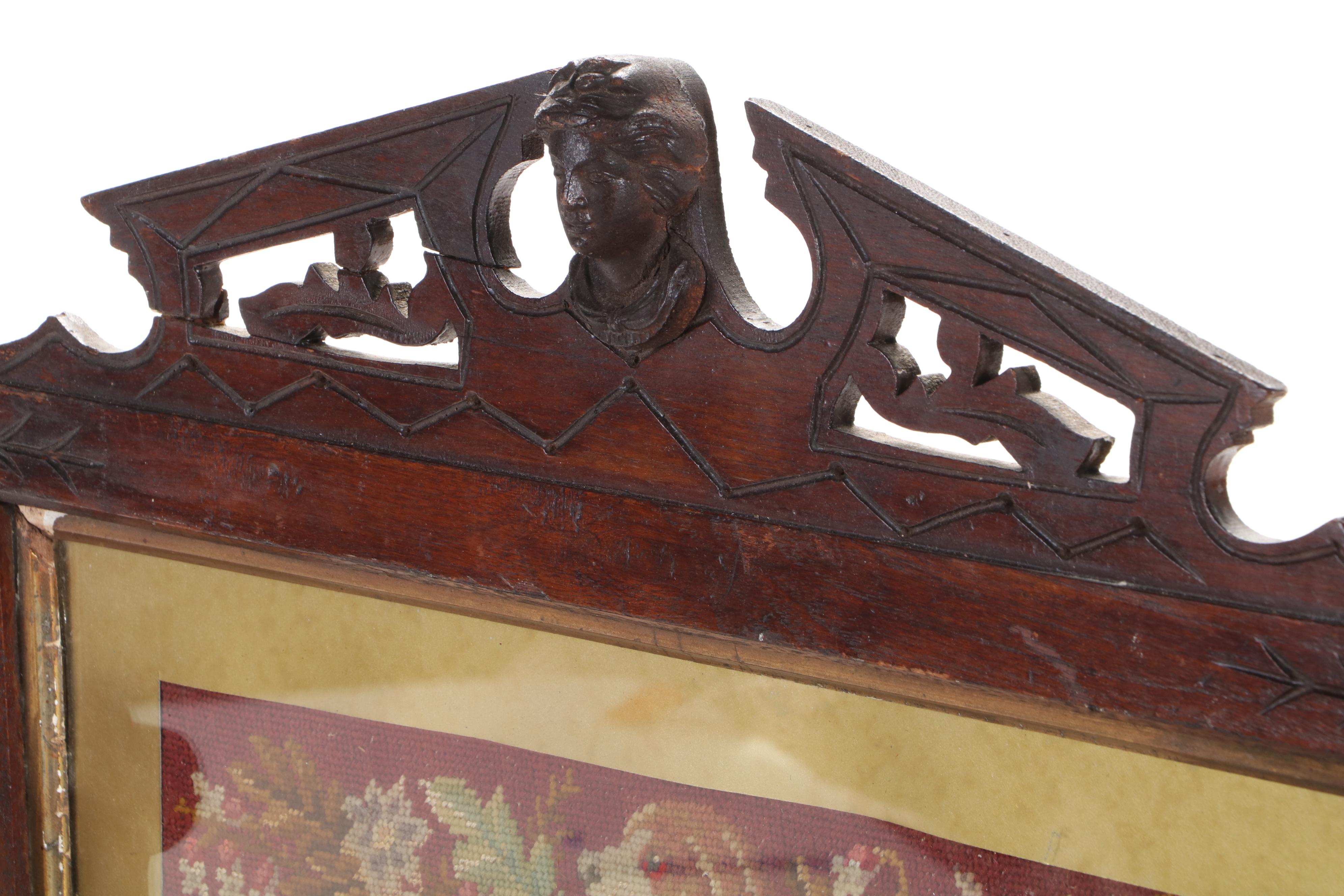 Victorian Eastlake Carved Wood Towel Rack with Needlepoint, Late 19th C.