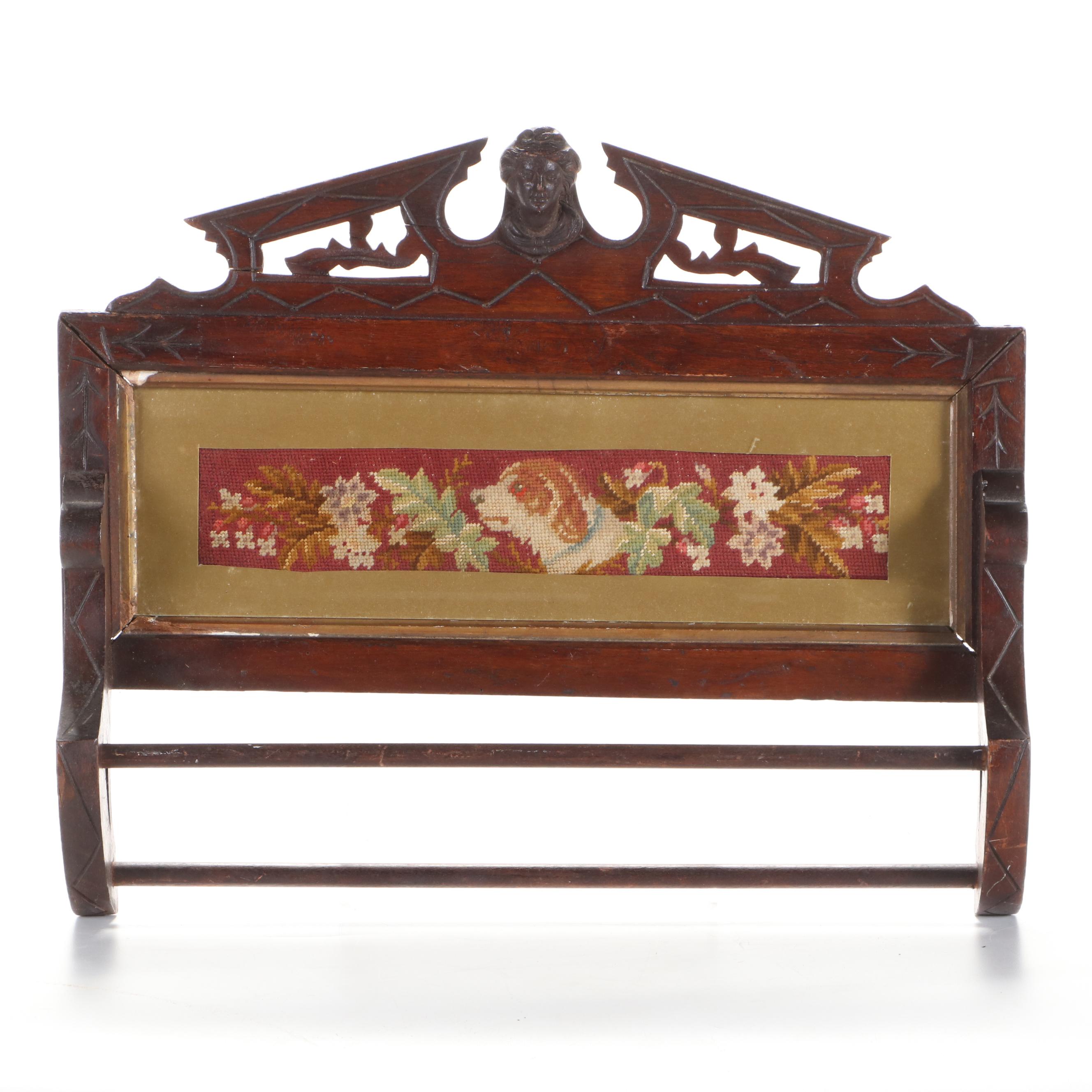 Victorian Eastlake Carved Wood Towel Rack with Needlepoint, Late 19th C.