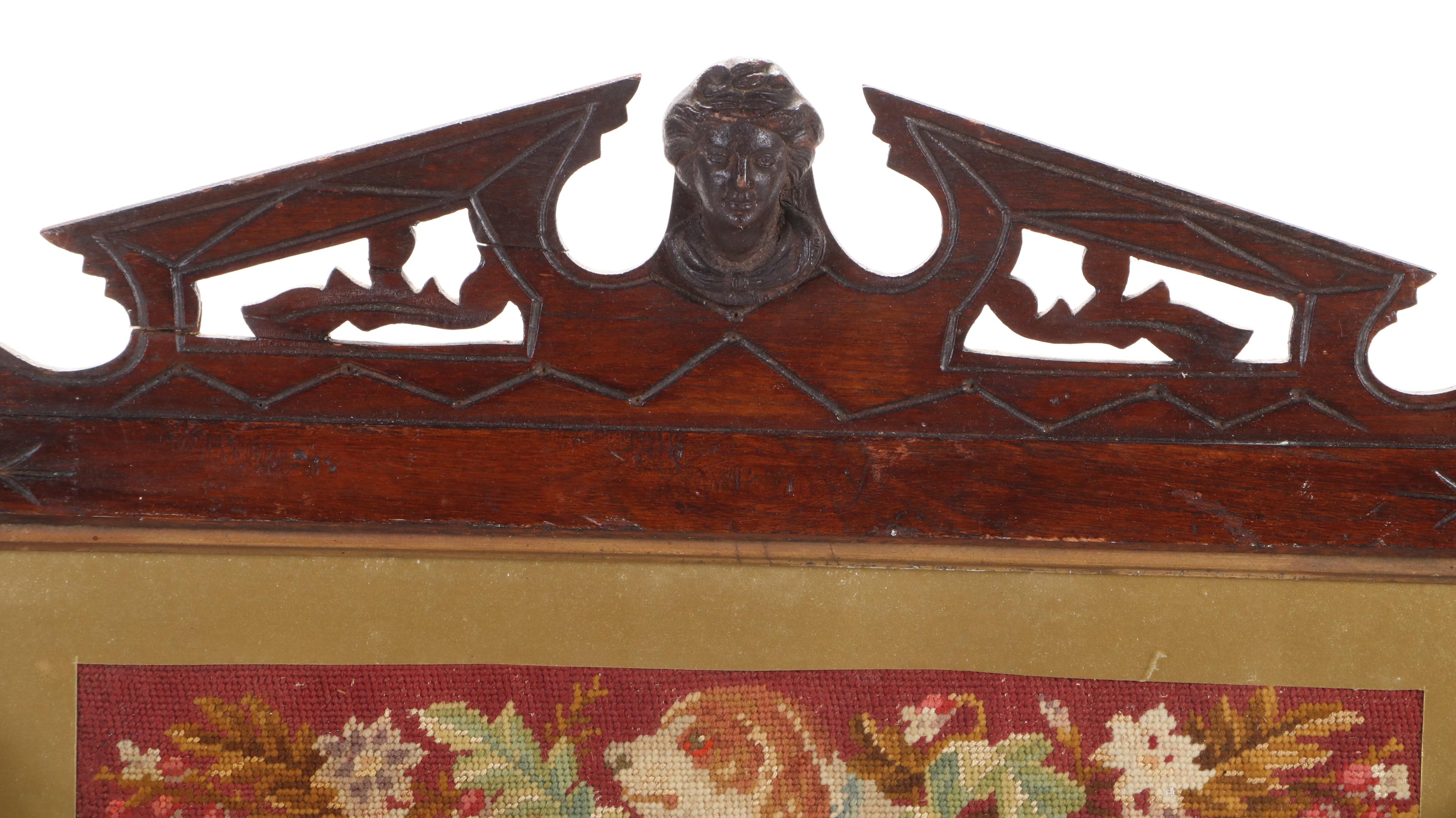 Victorian Eastlake Carved Wood Towel Rack with Needlepoint, Late 19th C.