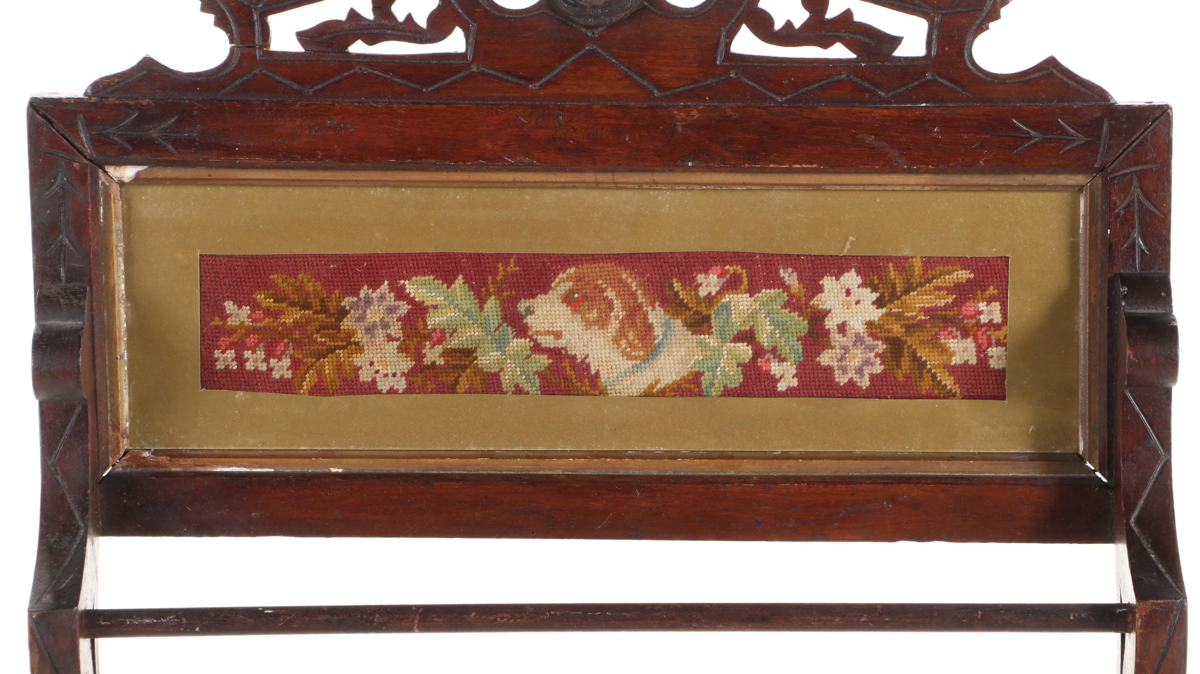 Victorian Eastlake Carved Wood Towel Rack with Needlepoint, Late 19th C.