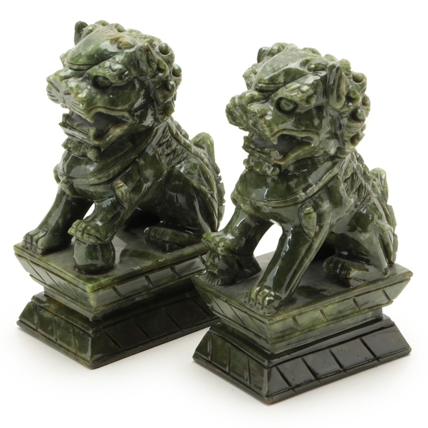 Chinese Carved Serpentine Guardian Lion Figurines