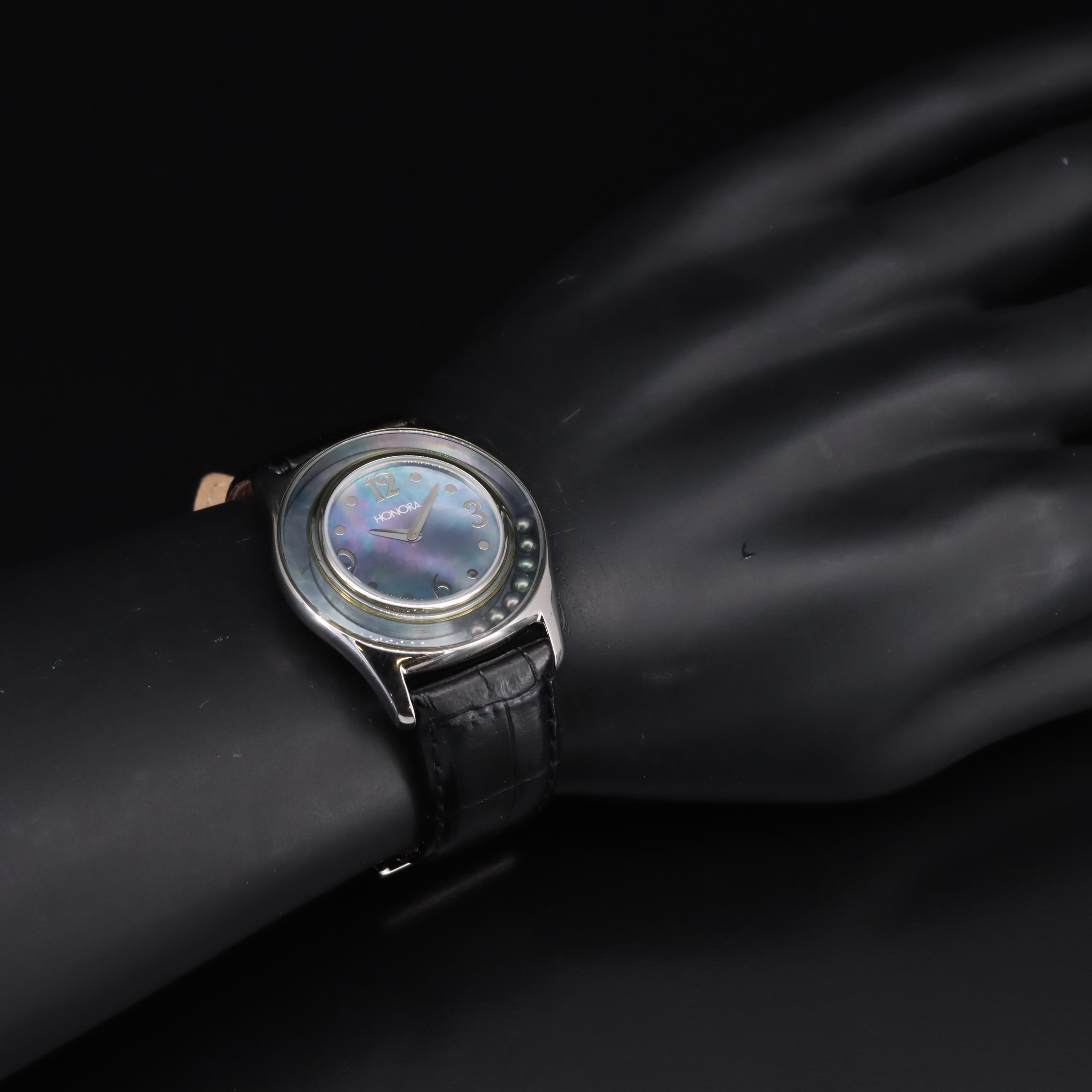 Stainless Steel Honora Mother-of-Pearl  Dial and Floating Black Pearl Watch