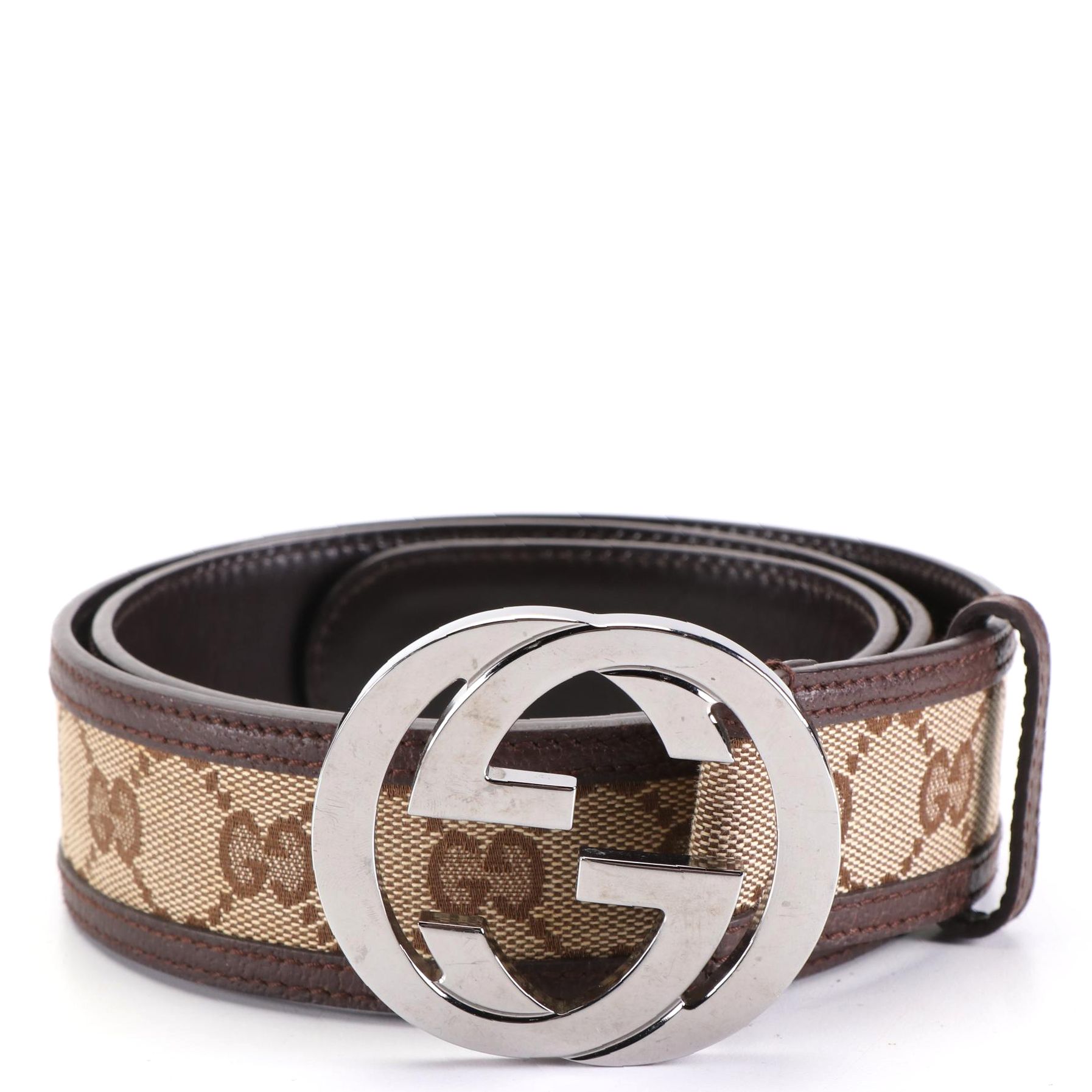 Gucci GG Belt in Monogram Canvas and Brown Leather