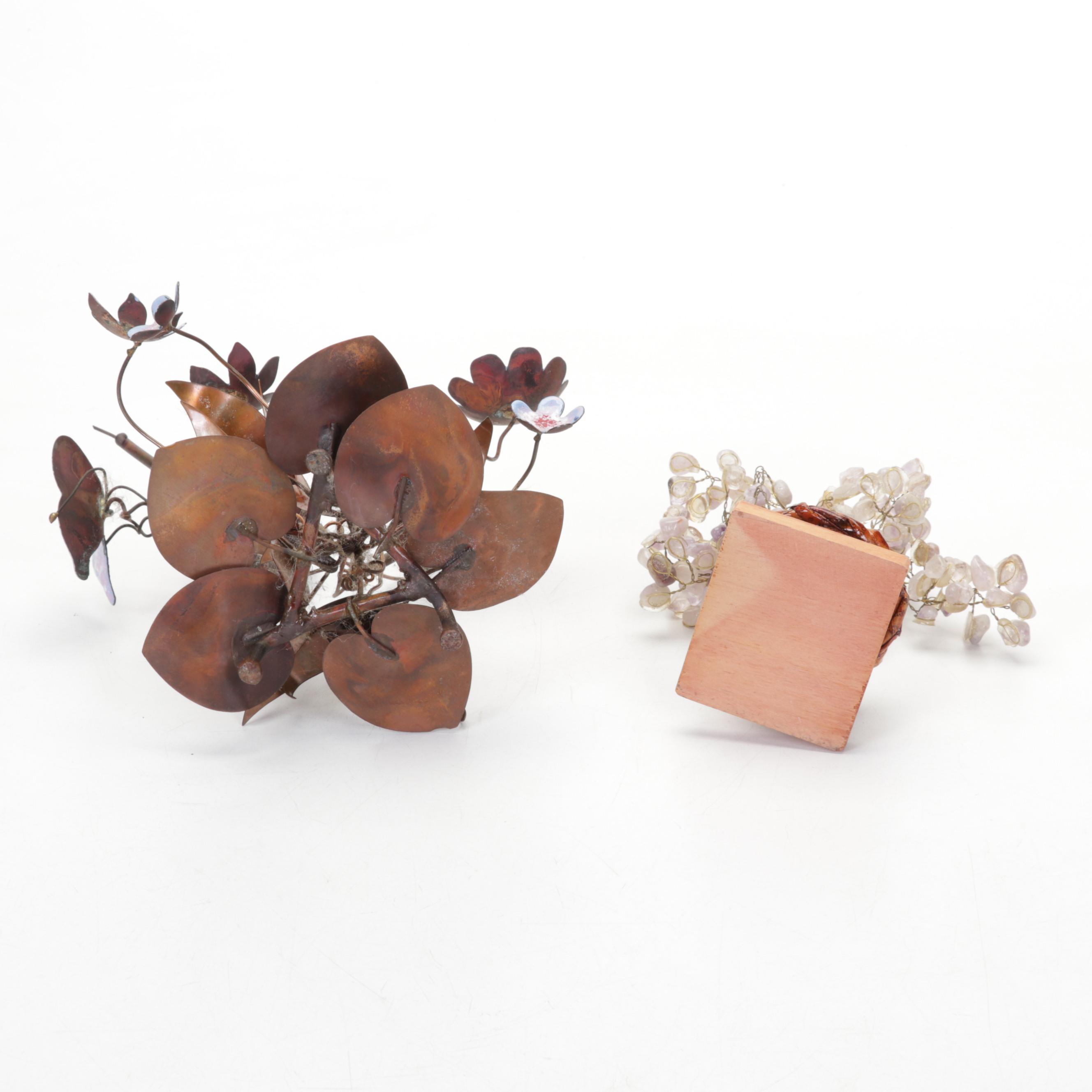 Copper and Enamel Flower Sculpture With Artist Signed Vase, Shells & Figurines