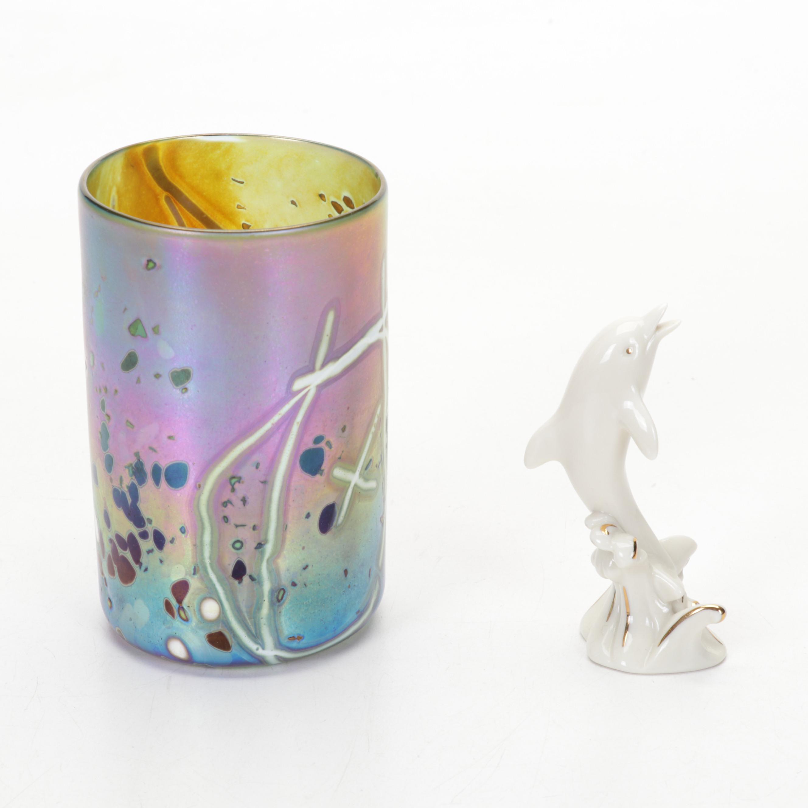 Copper and Enamel Flower Sculpture With Artist Signed Vase, Shells & Figurines