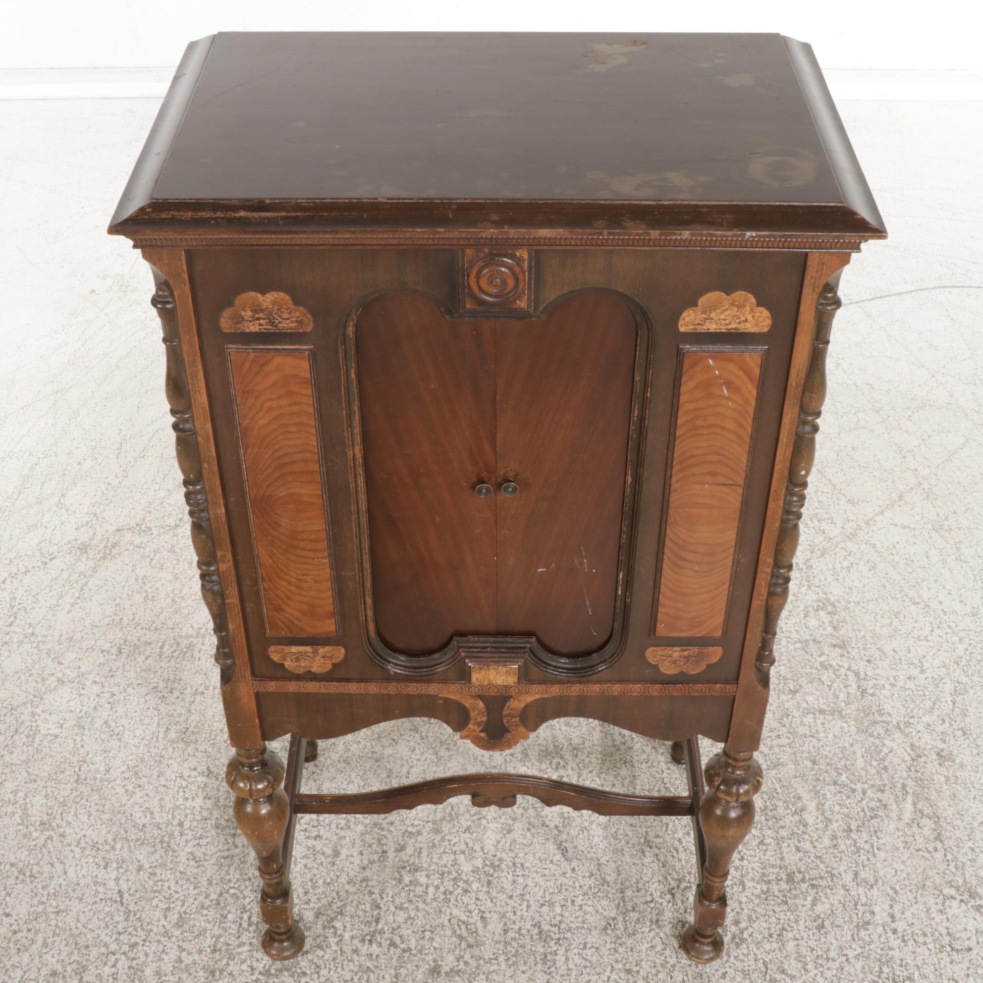 Jacobean Style Walnut Radio Cabinet with Sliding Doors, Mid 20th Century