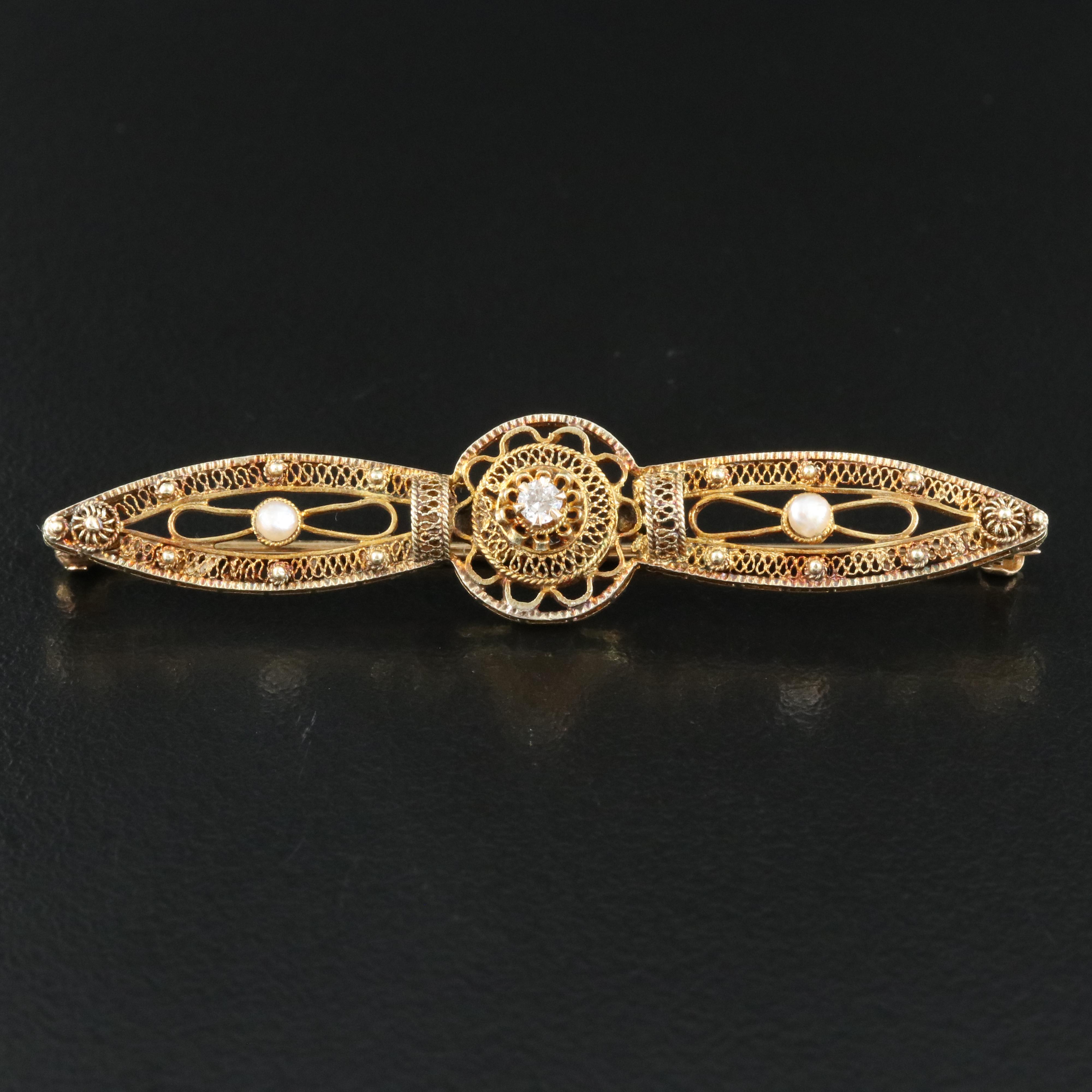 Vintage 14K 0.04 CT Diamond and Seed Pearl Bar Brooch