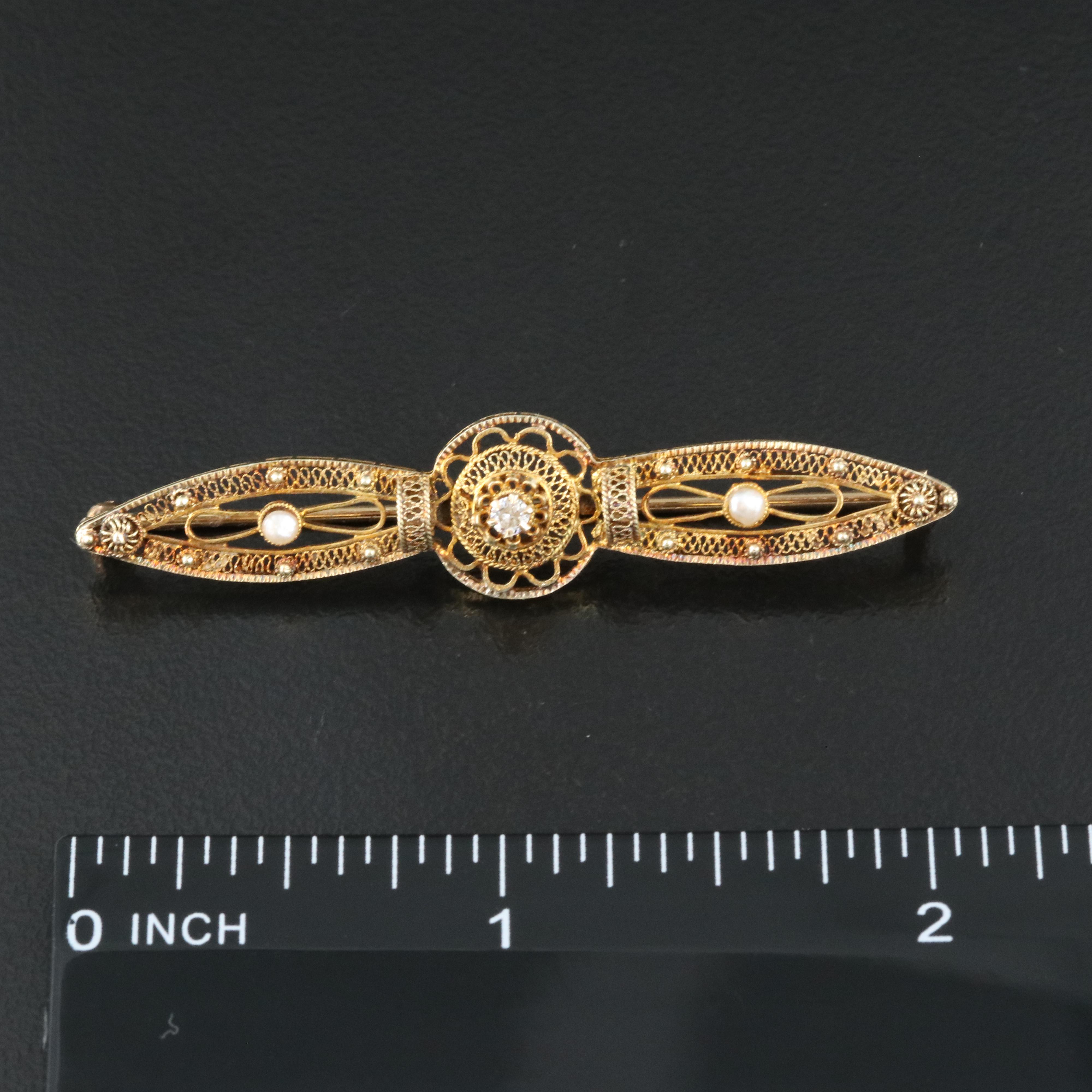 Vintage 14K 0.04 CT Diamond and Seed Pearl Bar Brooch