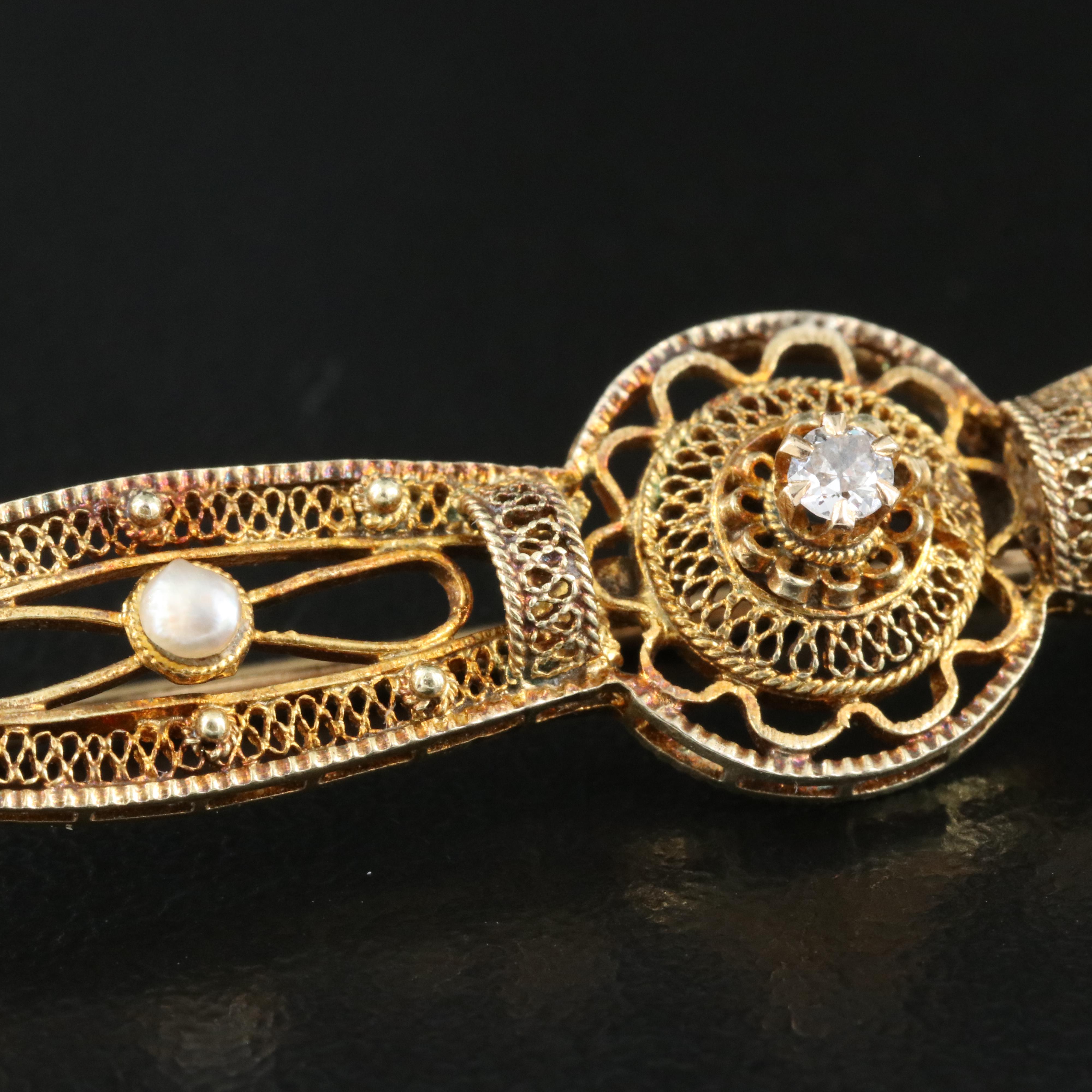 Vintage 14K 0.04 CT Diamond and Seed Pearl Bar Brooch