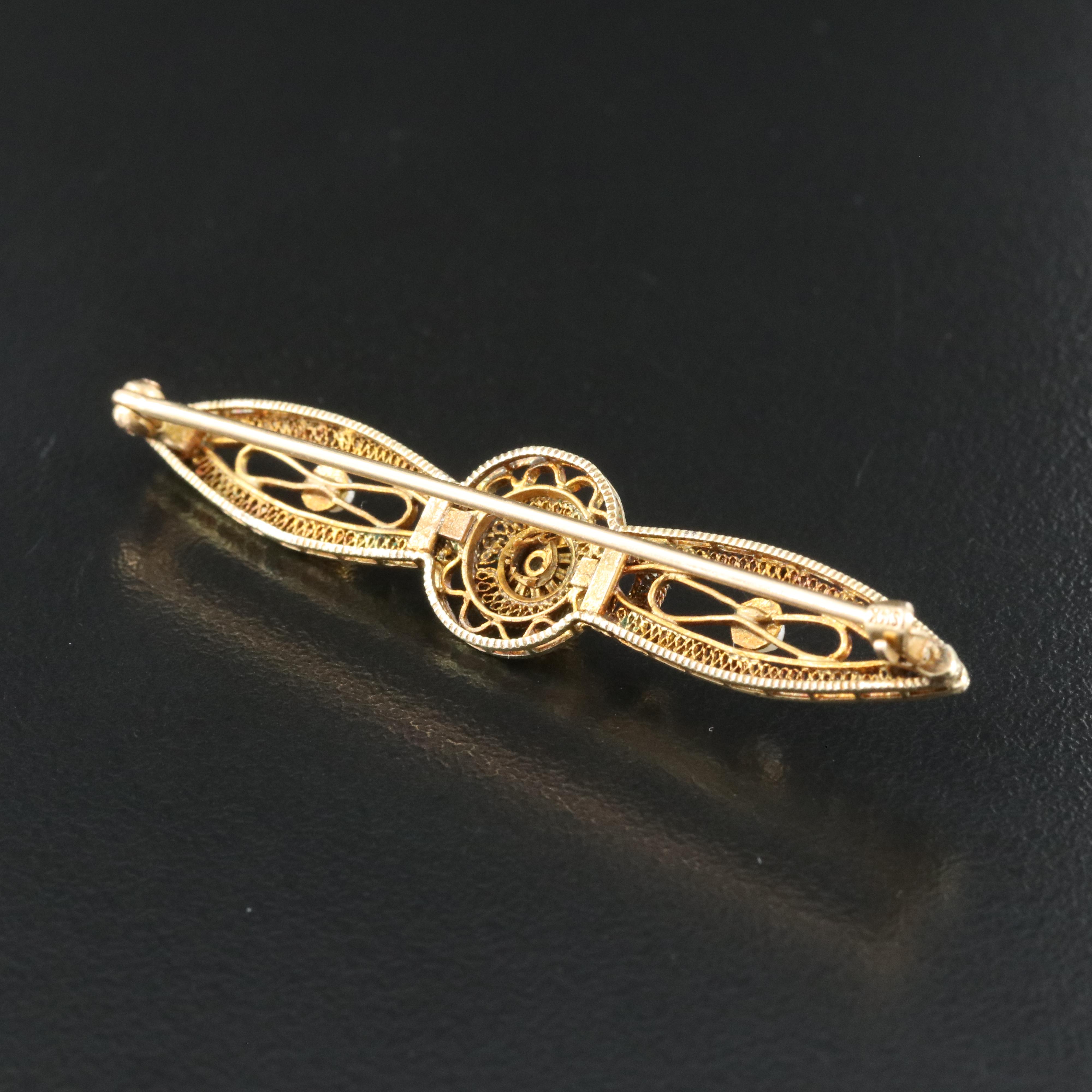 Vintage 14K 0.04 CT Diamond and Seed Pearl Bar Brooch