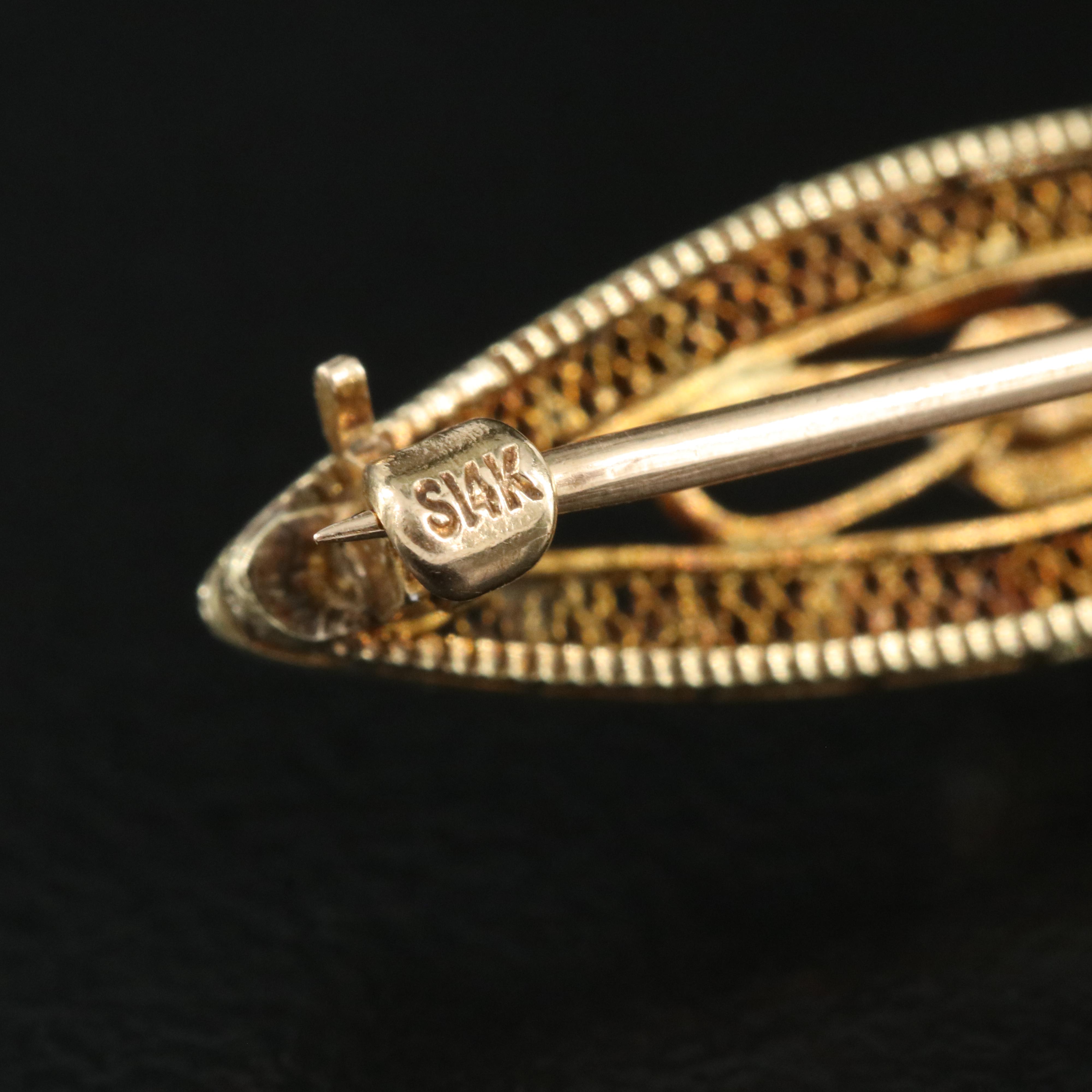 Vintage 14K 0.04 CT Diamond and Seed Pearl Bar Brooch