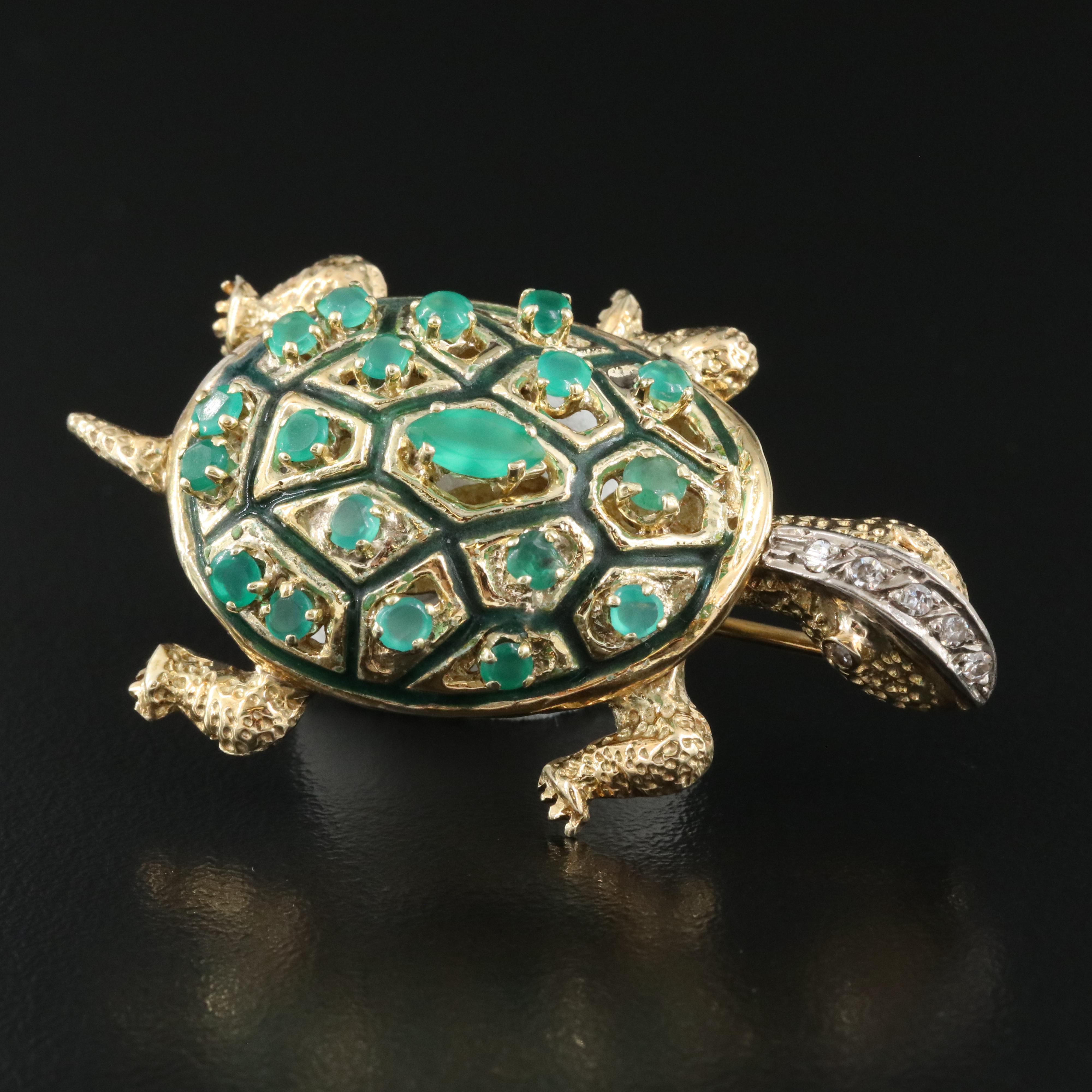 14K Emerald and Diamond Turtle Brooch