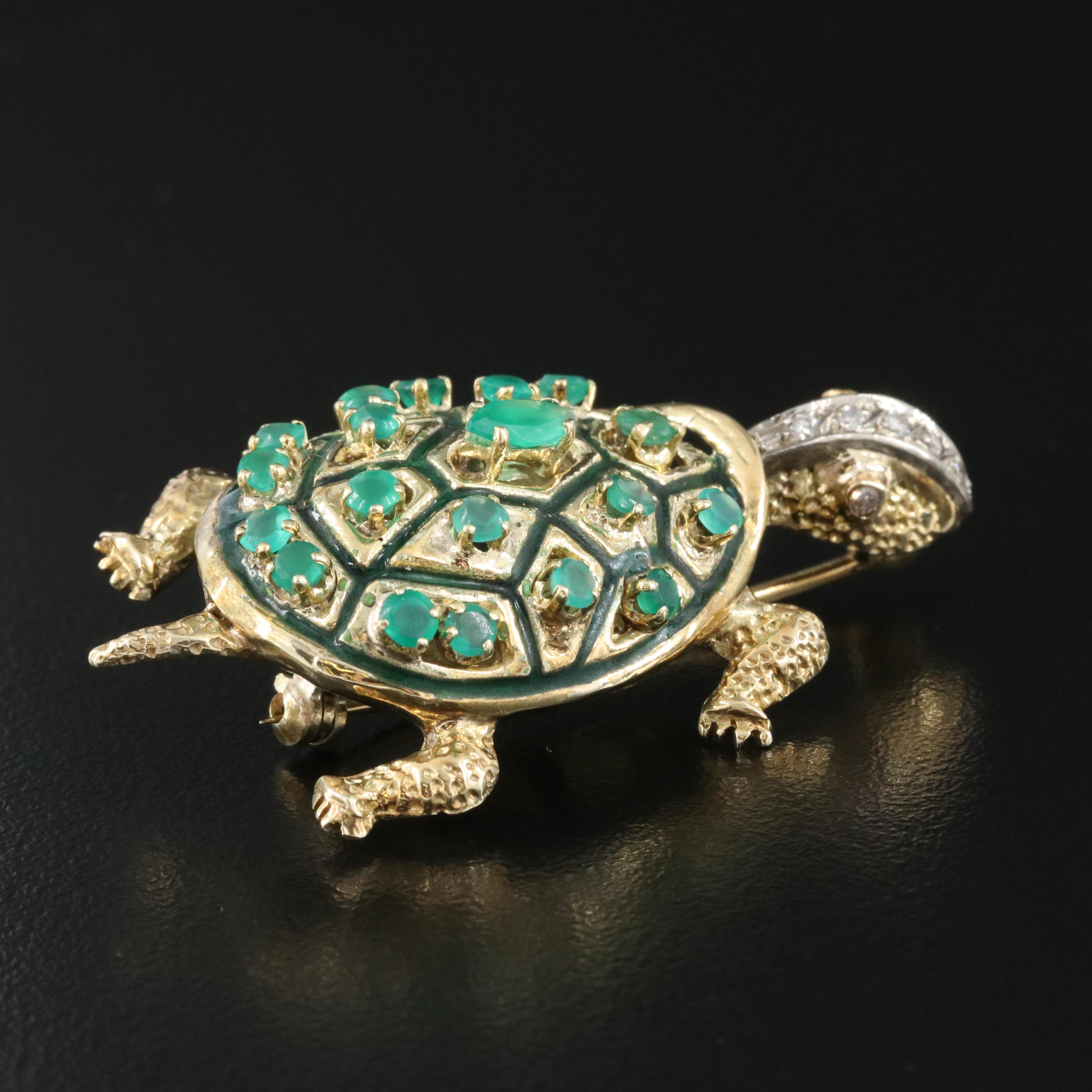 14K Emerald and Diamond Turtle Brooch